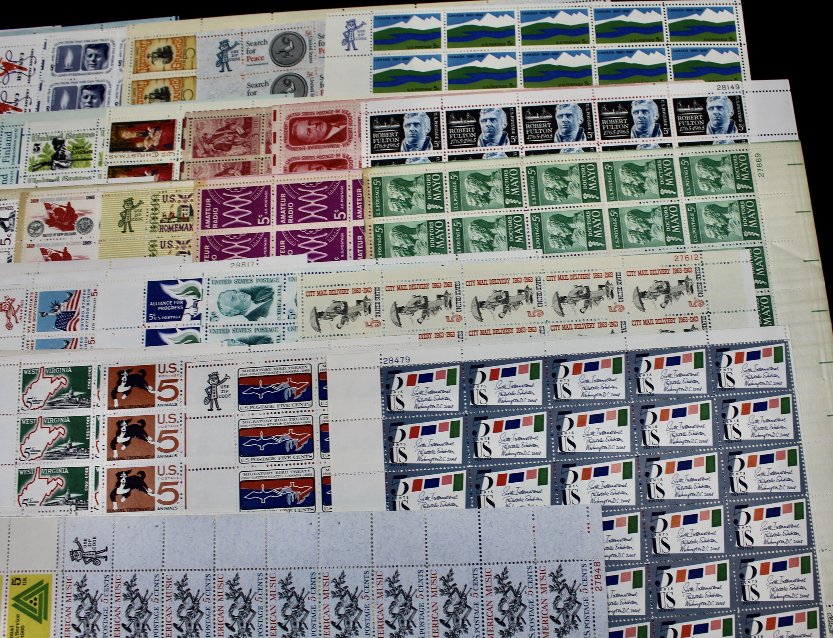 Fifty-Six Different 5-Cent U.S. Postage Stamp Sheets, 1960s