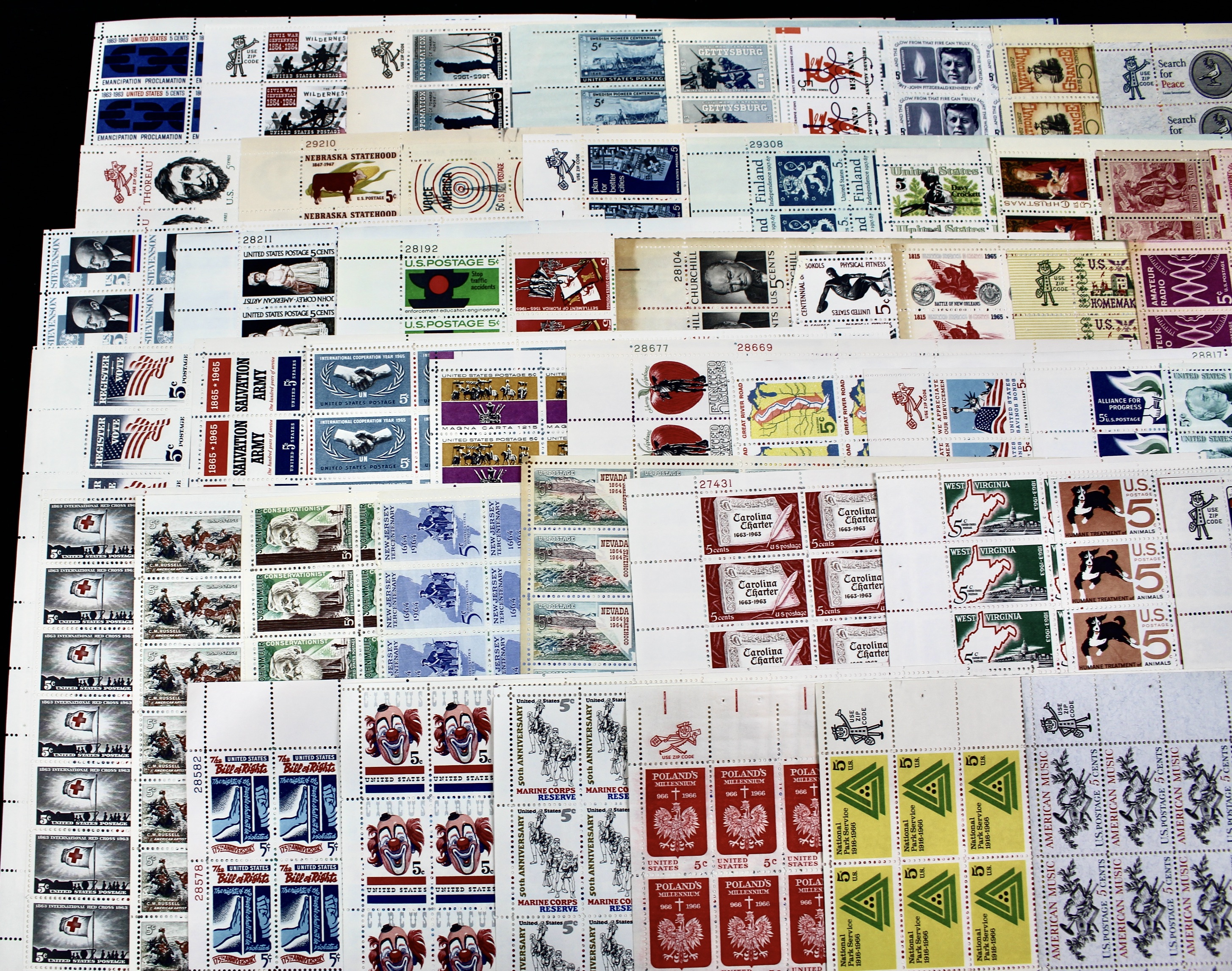 Fifty-Six Different 5-Cent U.S. Postage Stamp Sheets, 1960s