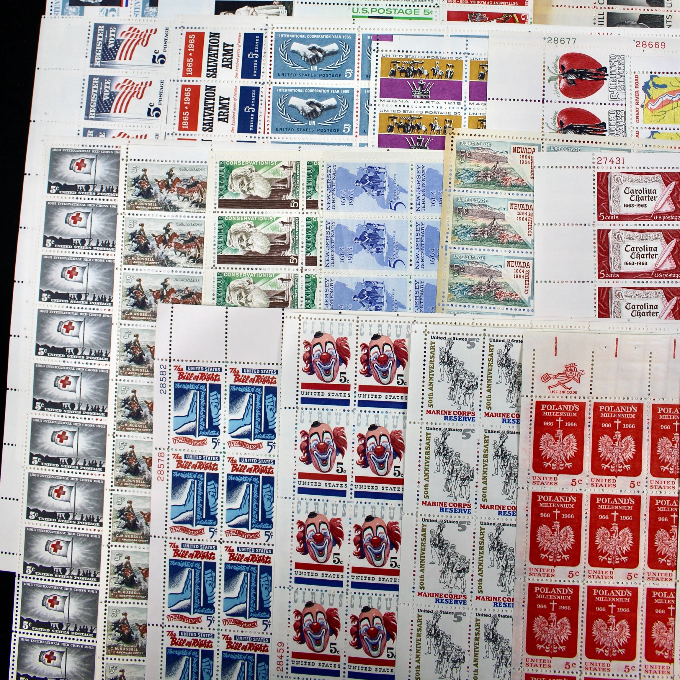 Fifty-Six Different 5-Cent U.S. Postage Stamp Sheets, 1960s