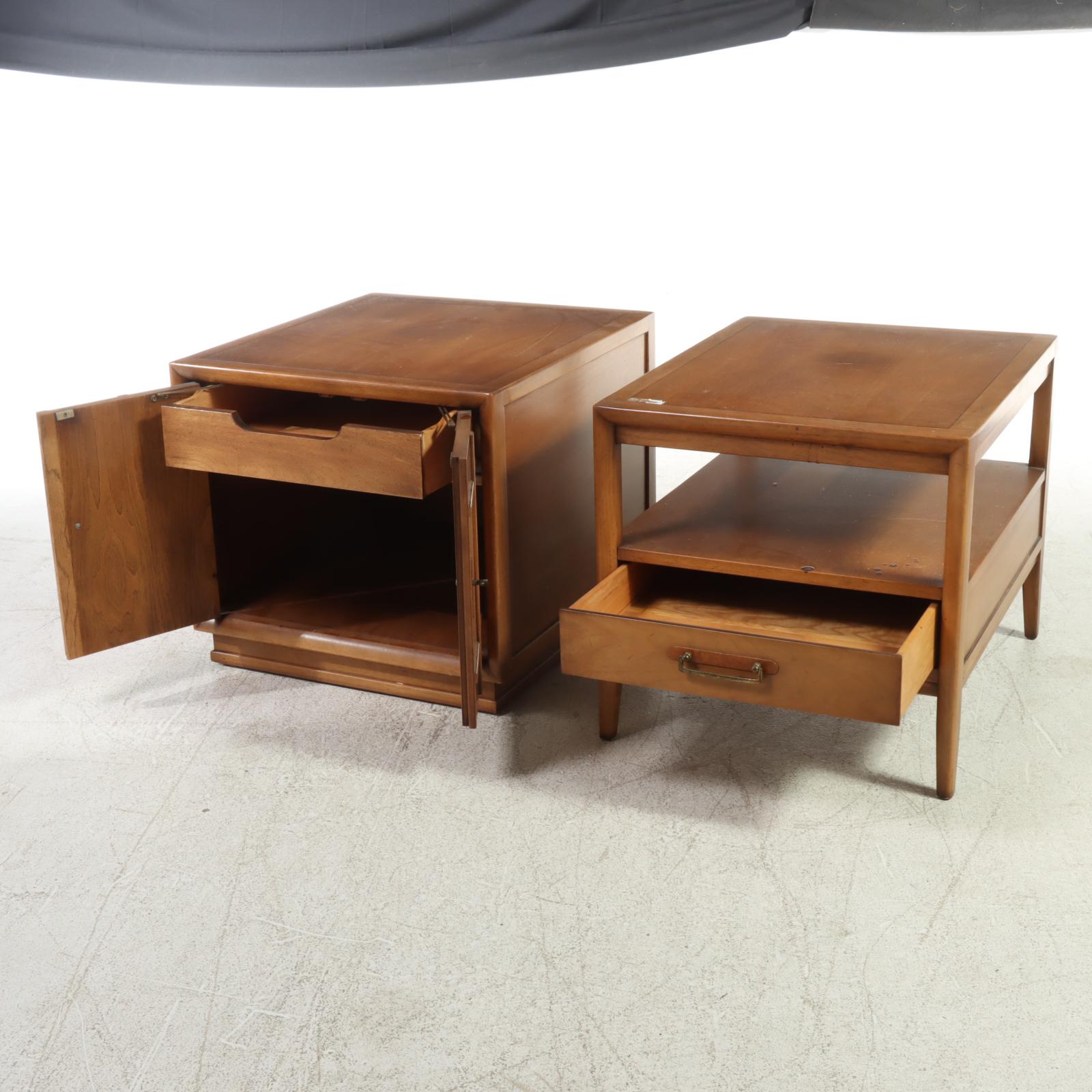 Two Drexel "Meridian" Mid Century Modern Butternut and Pecan Side Tables