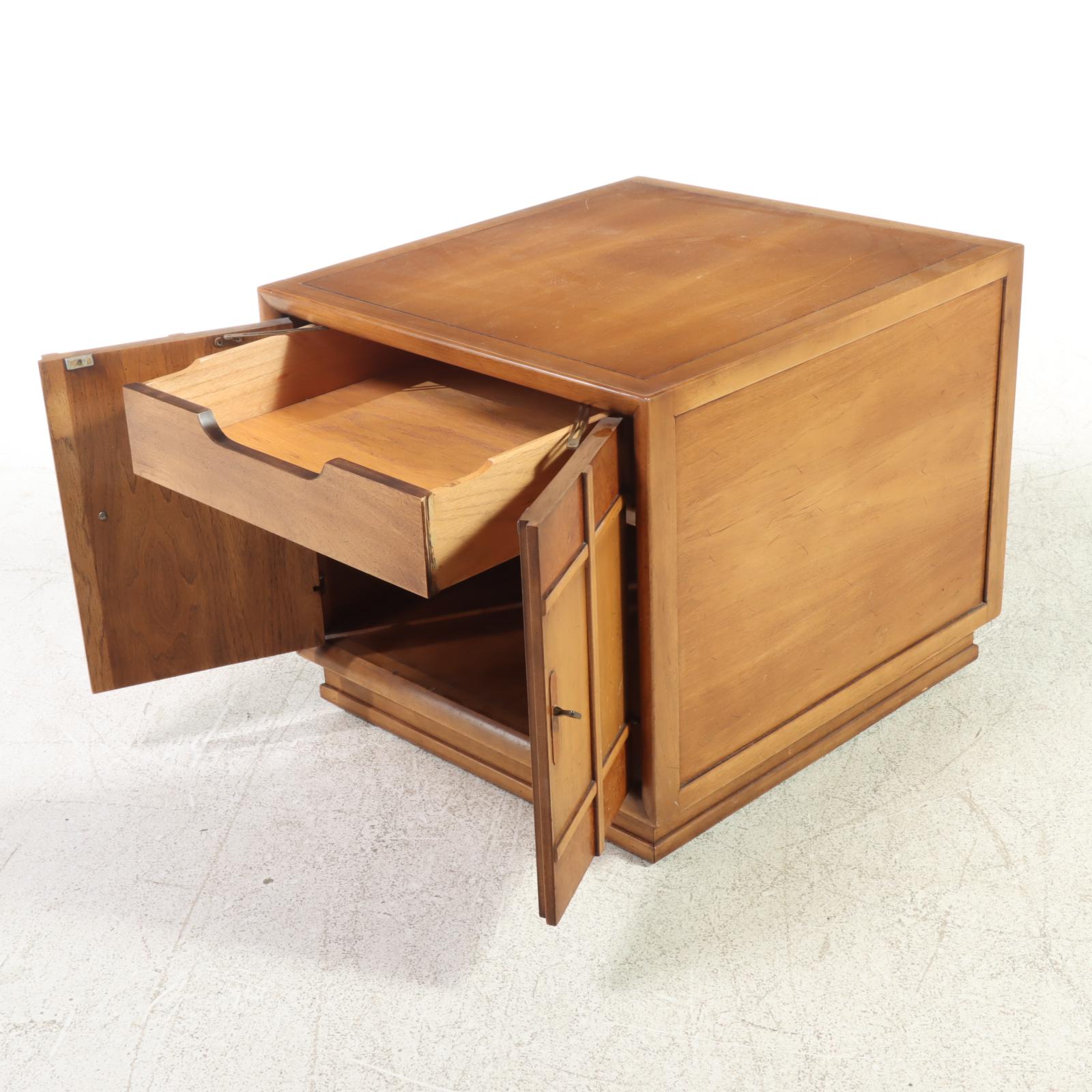 Two Drexel "Meridian" Mid Century Modern Butternut and Pecan Side Tables