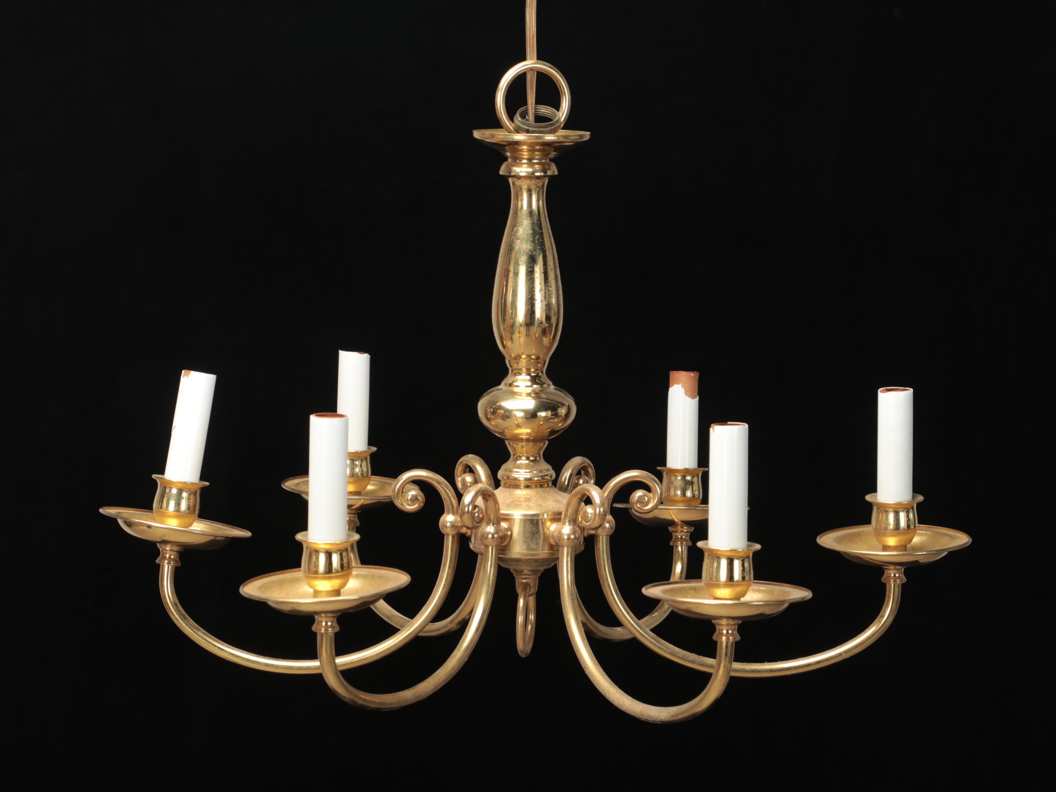 Colonial Style Brass Six-Light Chandelier with Glass Hurricanes and Wall Lamps
