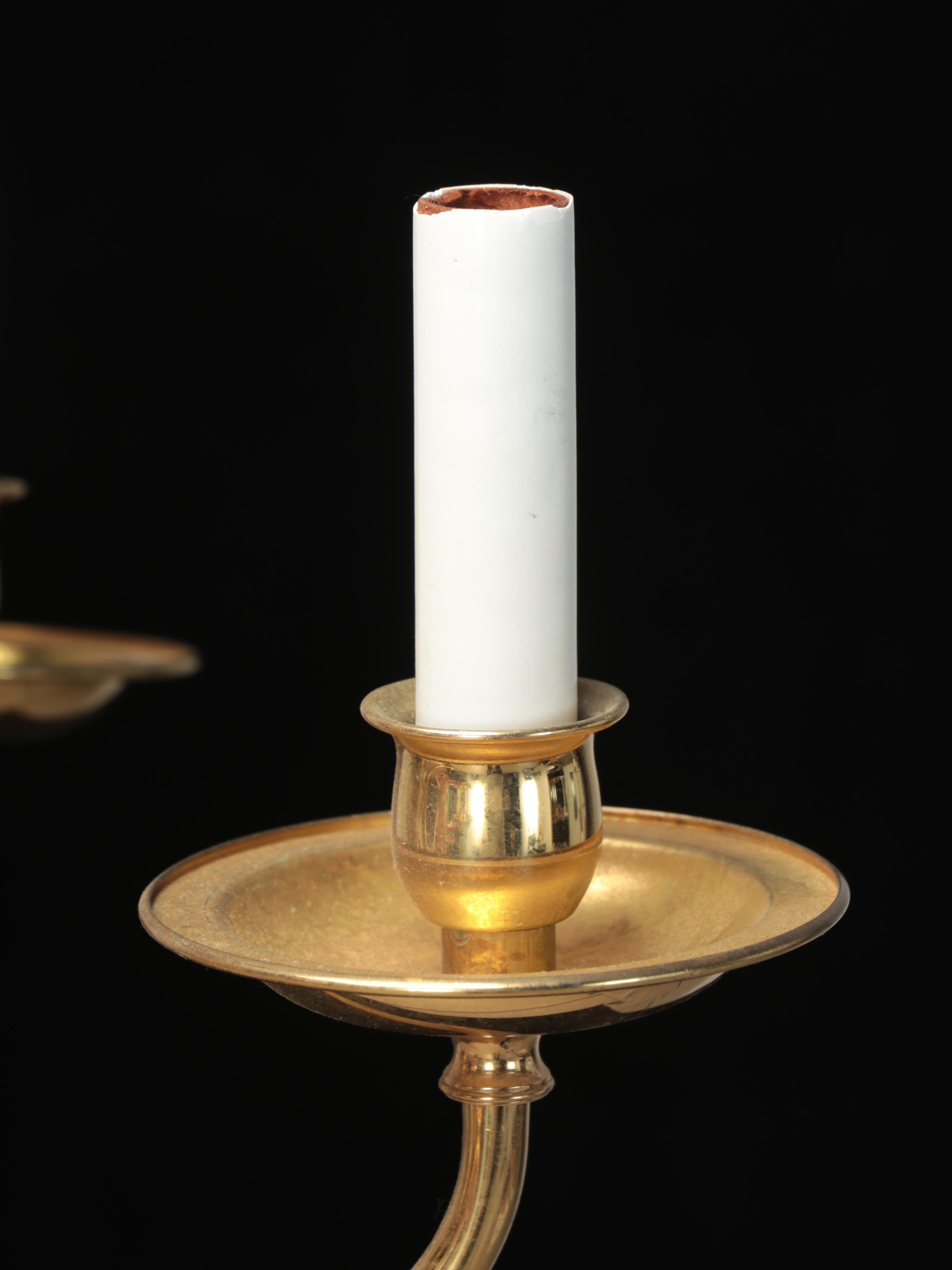 Colonial Style Brass Six-Light Chandelier with Glass Hurricanes and Wall Lamps