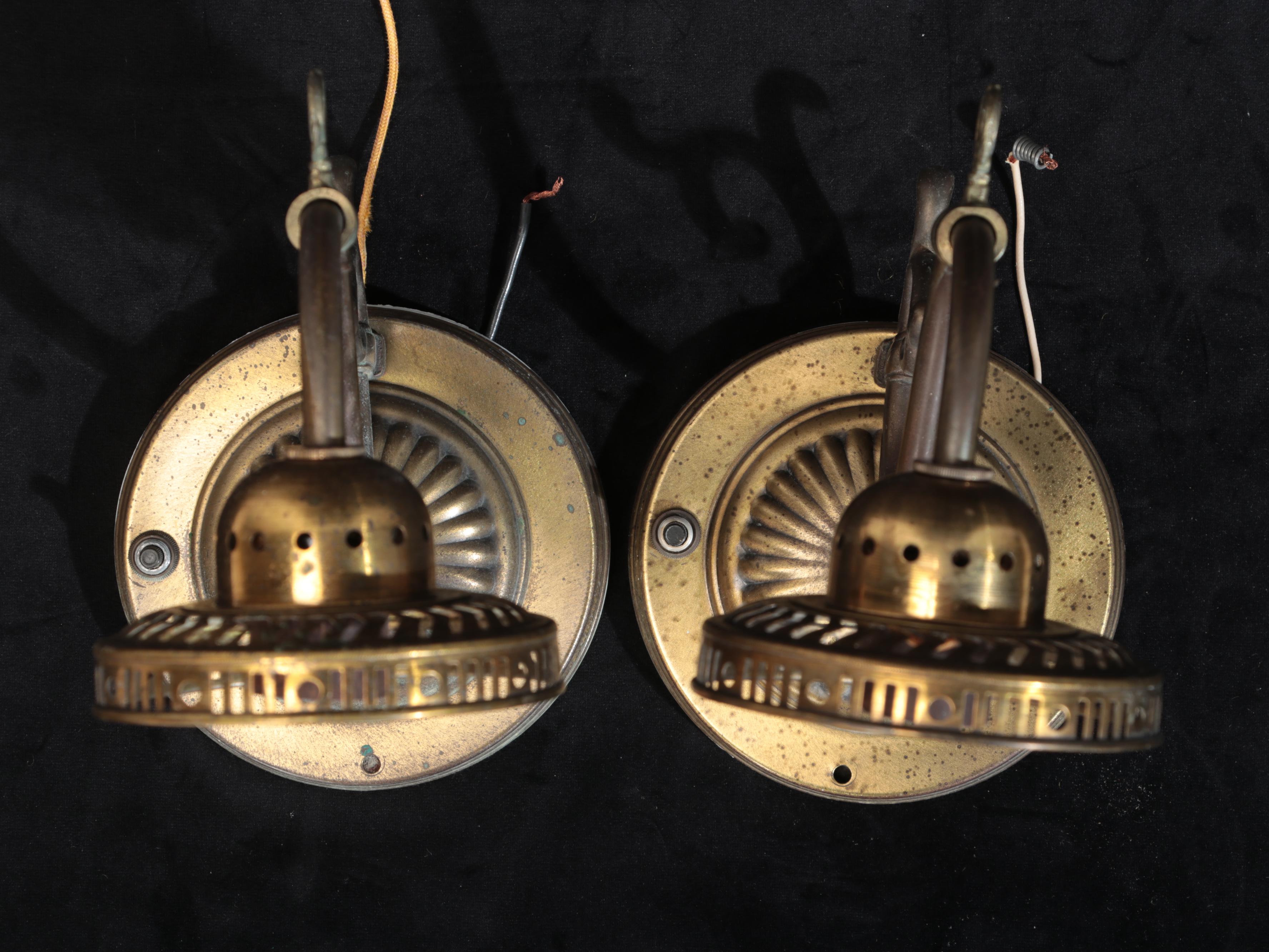 Colonial Style Brass Six-Light Chandelier with Glass Hurricanes and Wall Lamps