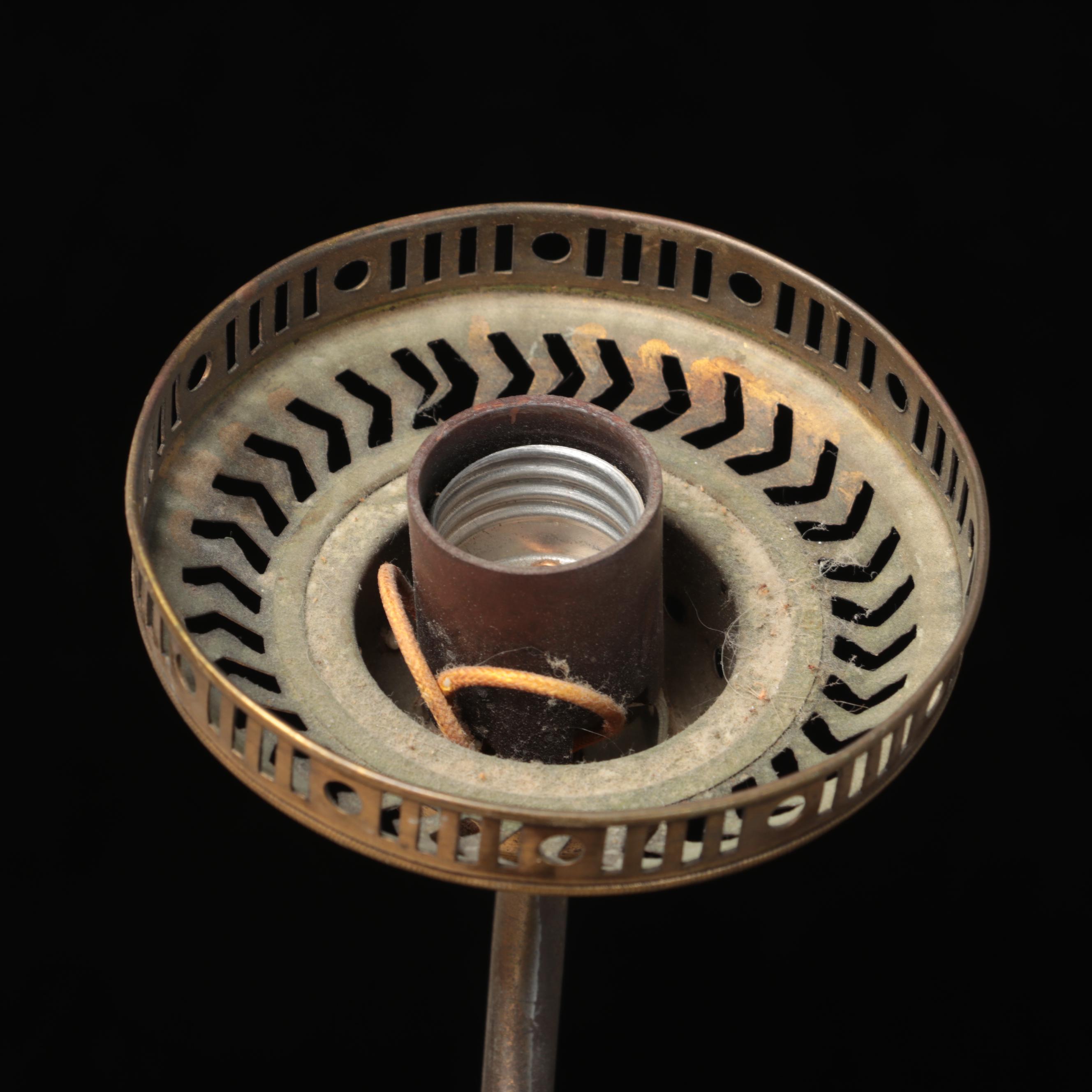 Colonial Style Brass Six-Light Chandelier with Glass Hurricanes and Wall Lamps