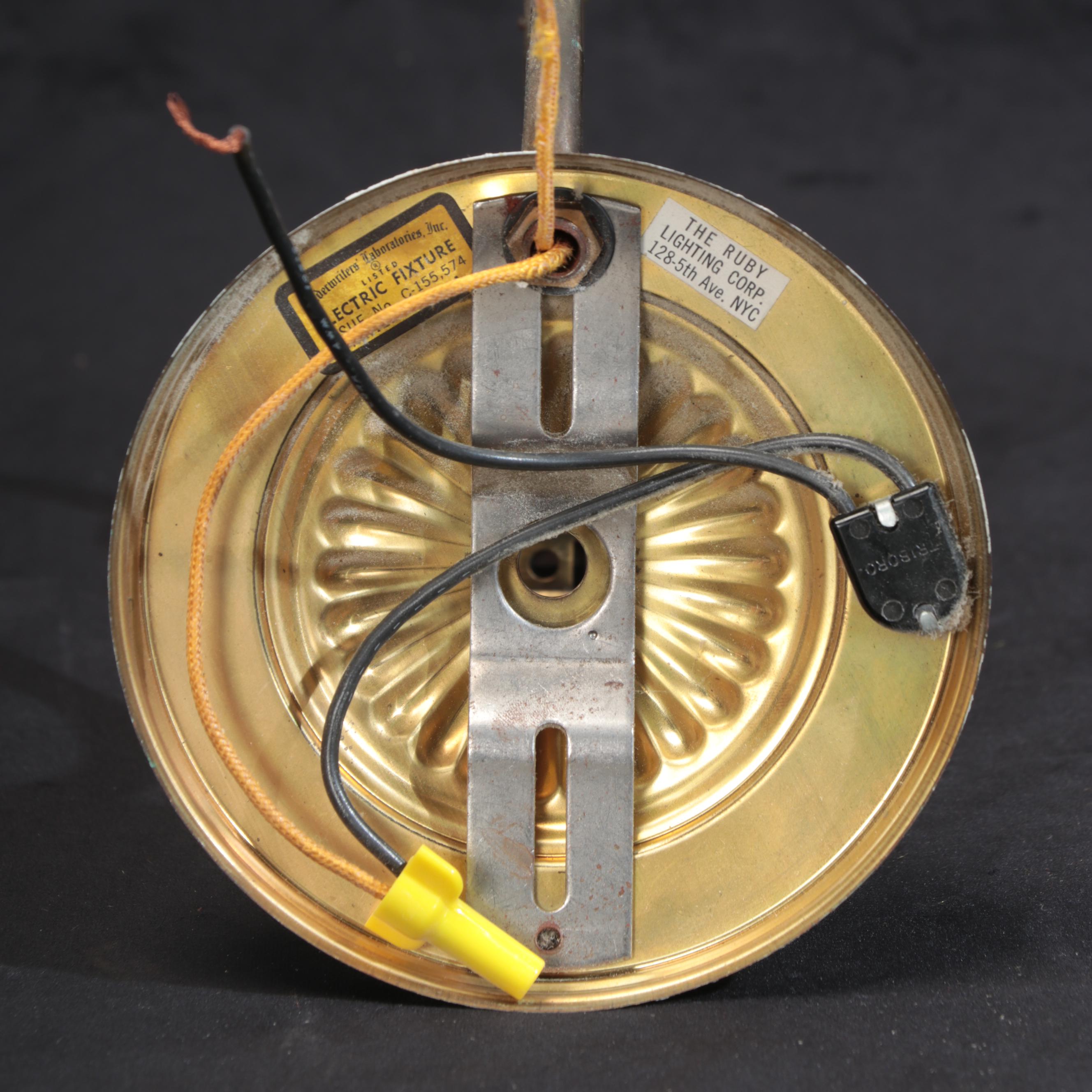 Colonial Style Brass Six-Light Chandelier with Glass Hurricanes and Wall Lamps