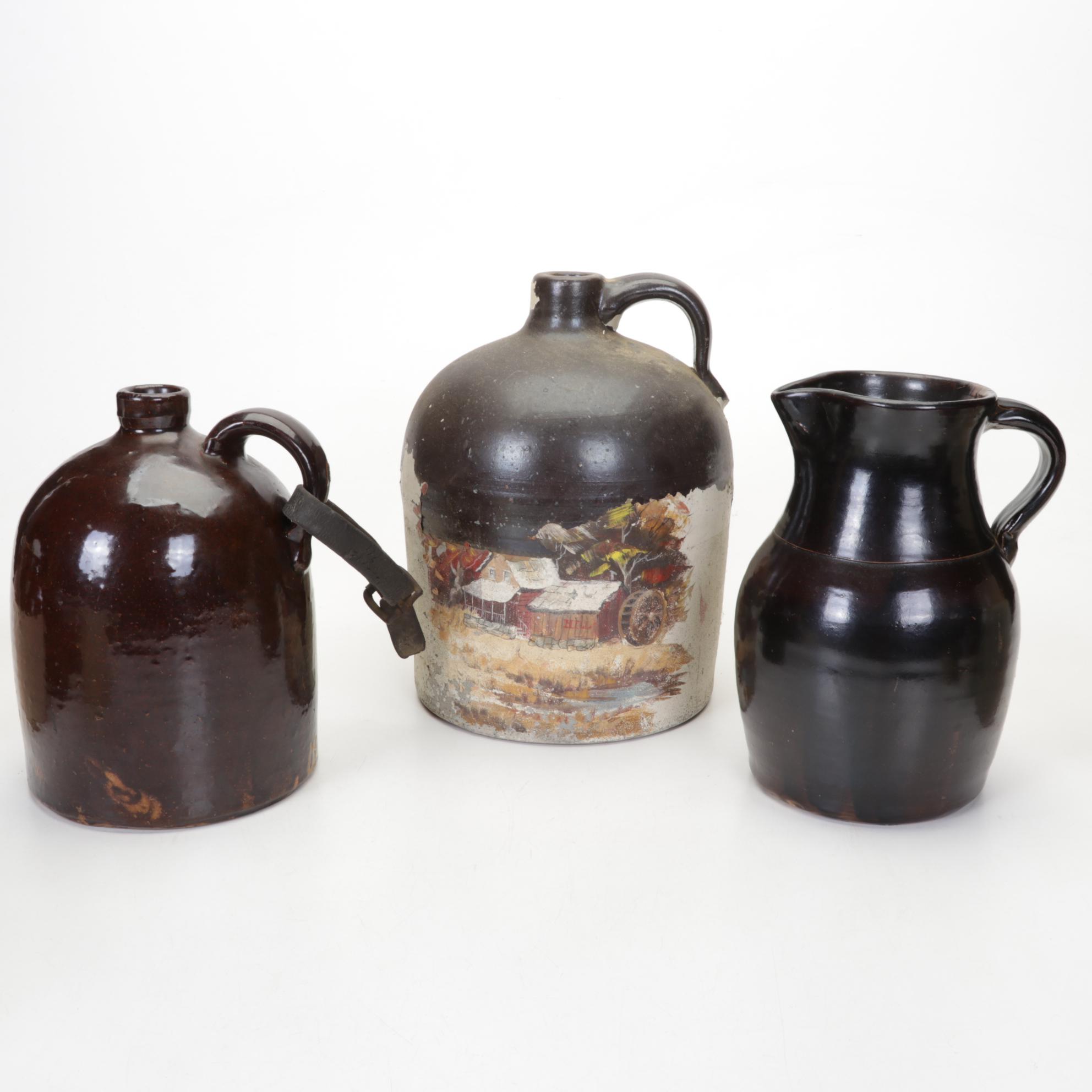 McCoy Teapot, Gatco Brass Spray Can, Glazed Stoneware Crocks, Jugs, and More