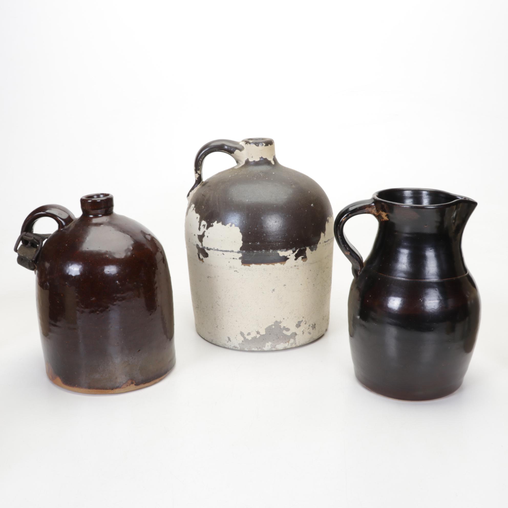 McCoy Teapot, Gatco Brass Spray Can, Glazed Stoneware Crocks, Jugs, and More