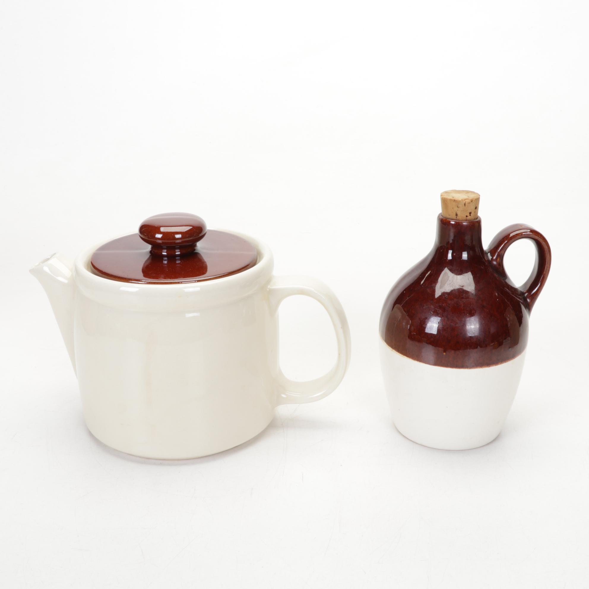 McCoy Teapot, Gatco Brass Spray Can, Glazed Stoneware Crocks, Jugs, and More