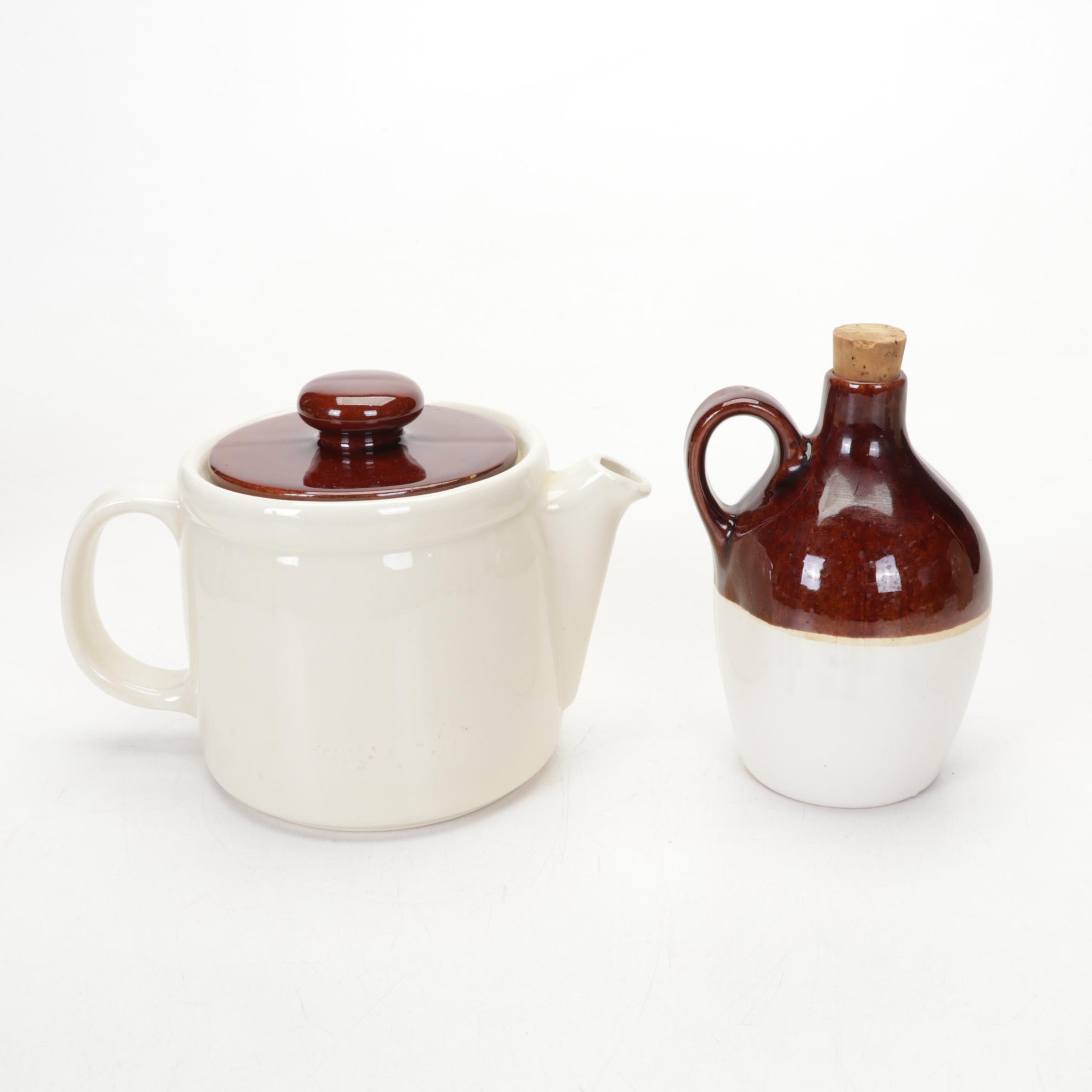 McCoy Teapot, Gatco Brass Spray Can, Glazed Stoneware Crocks, Jugs, and More
