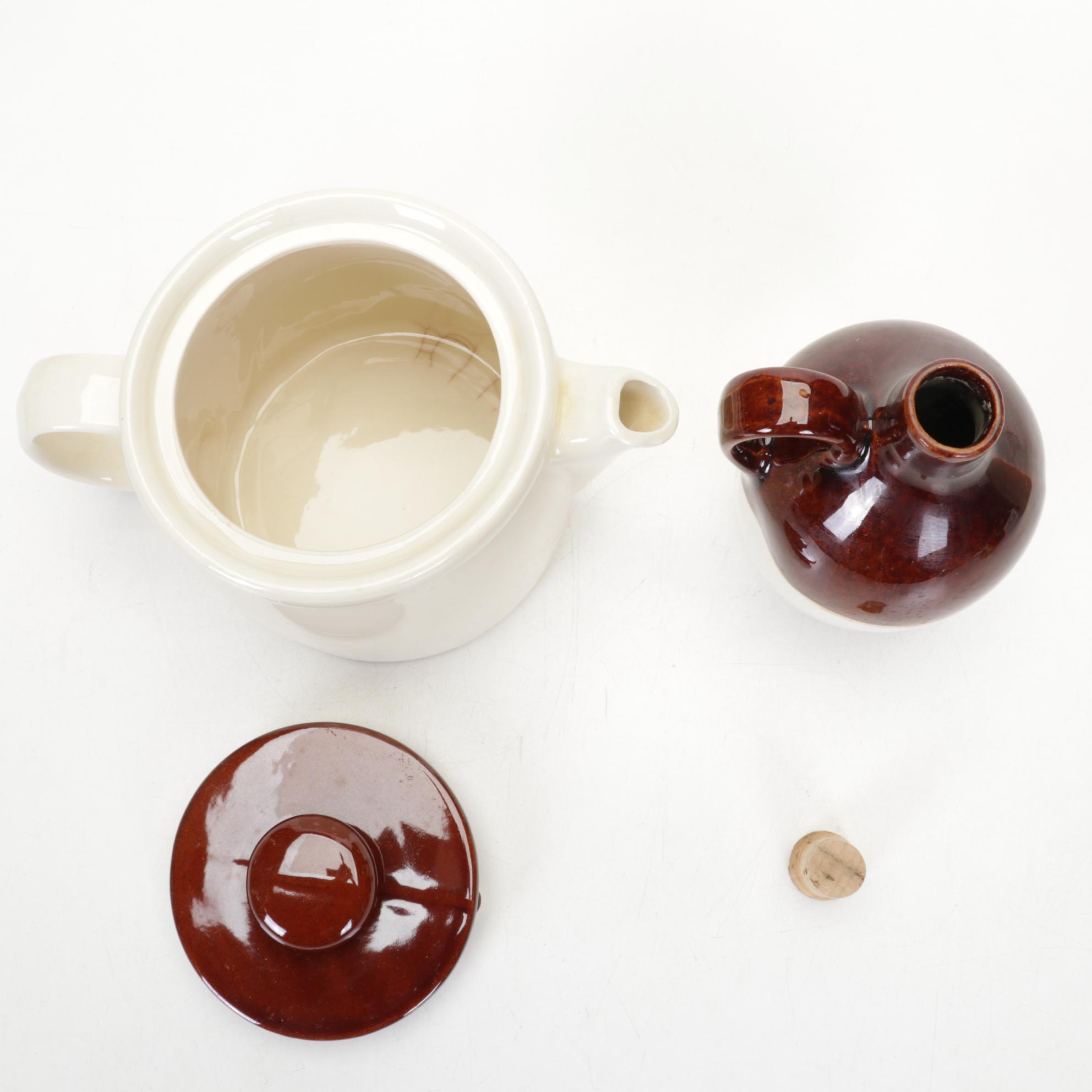 McCoy Teapot, Gatco Brass Spray Can, Glazed Stoneware Crocks, Jugs, and More