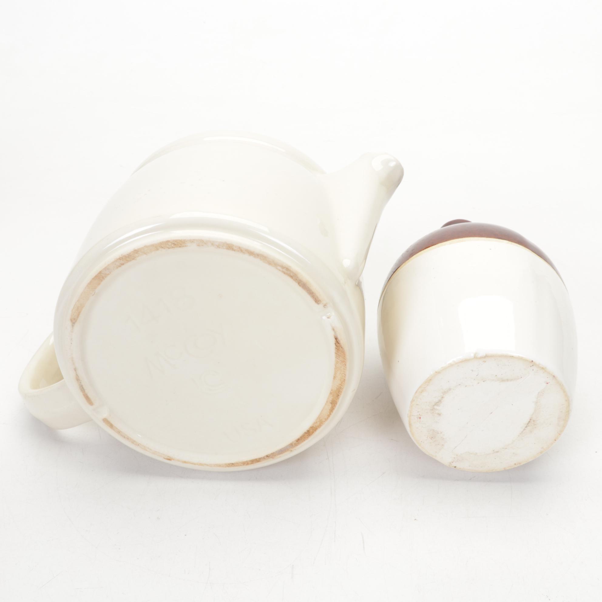 McCoy Teapot, Gatco Brass Spray Can, Glazed Stoneware Crocks, Jugs, and More