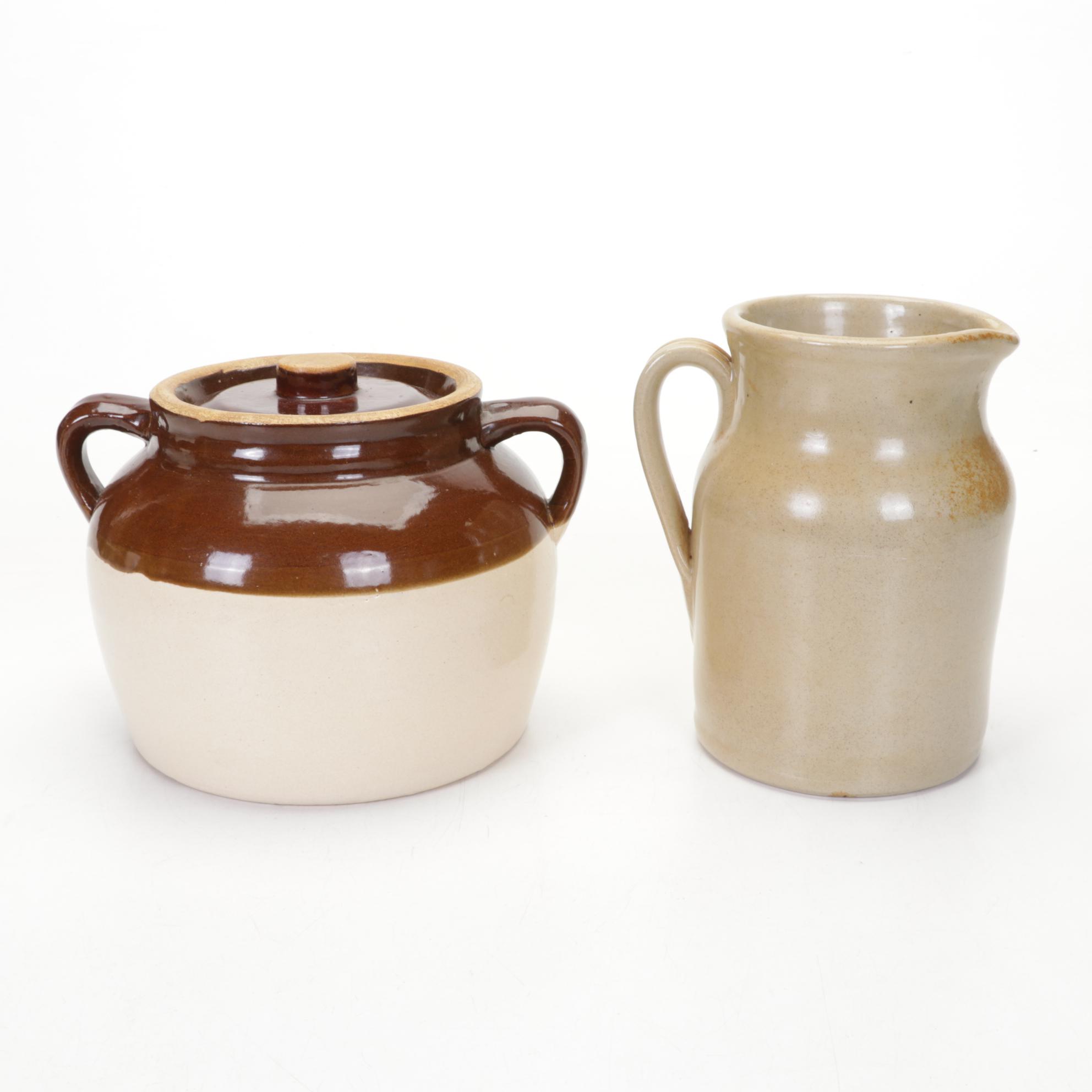 McCoy Teapot, Gatco Brass Spray Can, Glazed Stoneware Crocks, Jugs, and More