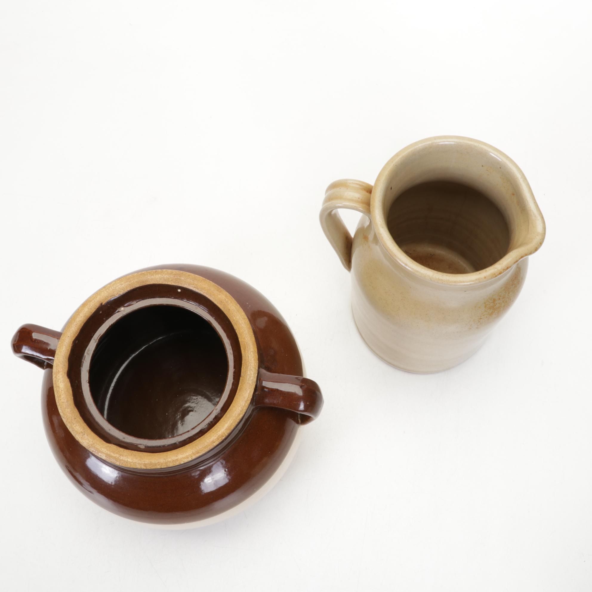 McCoy Teapot, Gatco Brass Spray Can, Glazed Stoneware Crocks, Jugs, and More