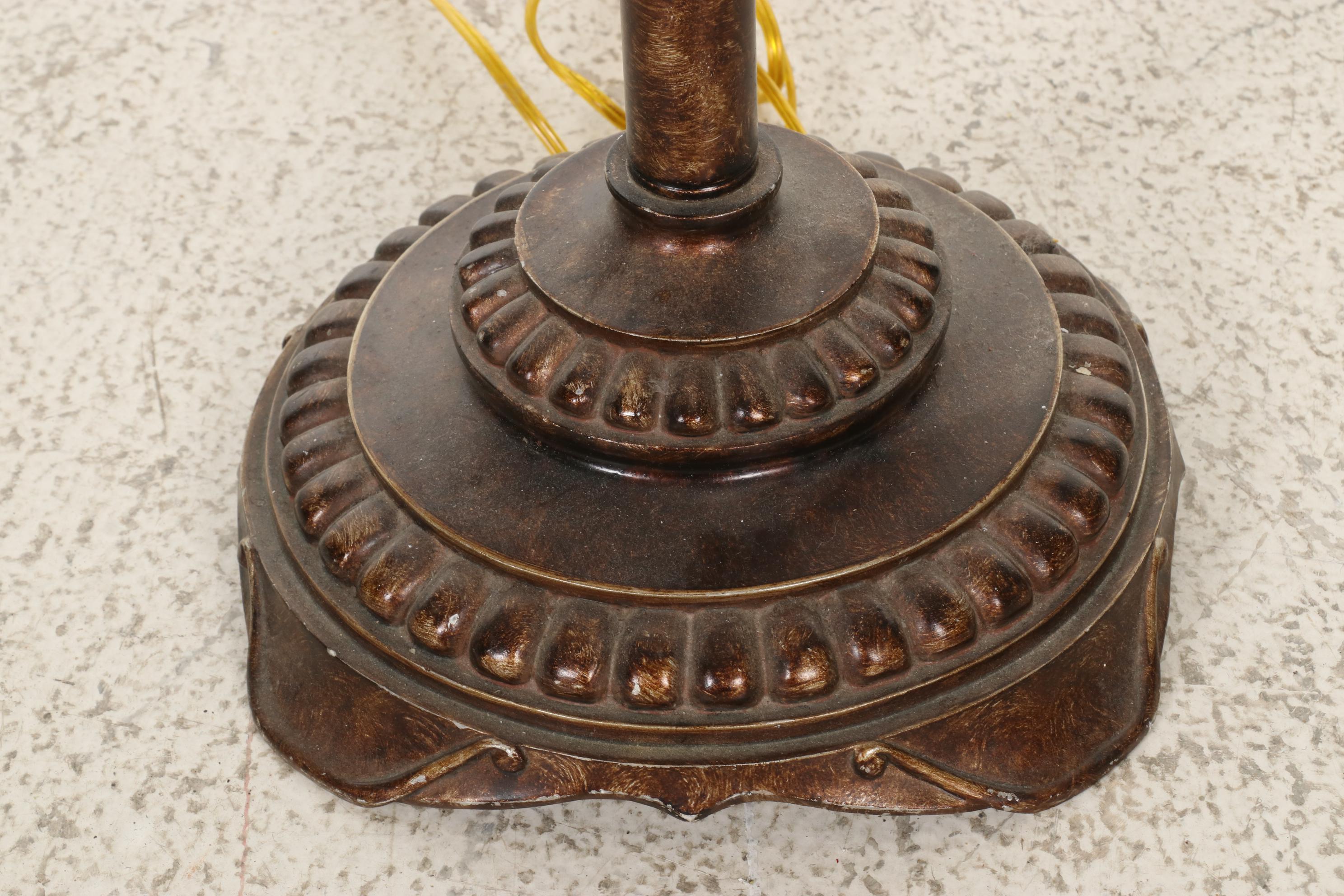 Patinated Metal and Glass Floor Lamp With Drum Shade, Contemporary