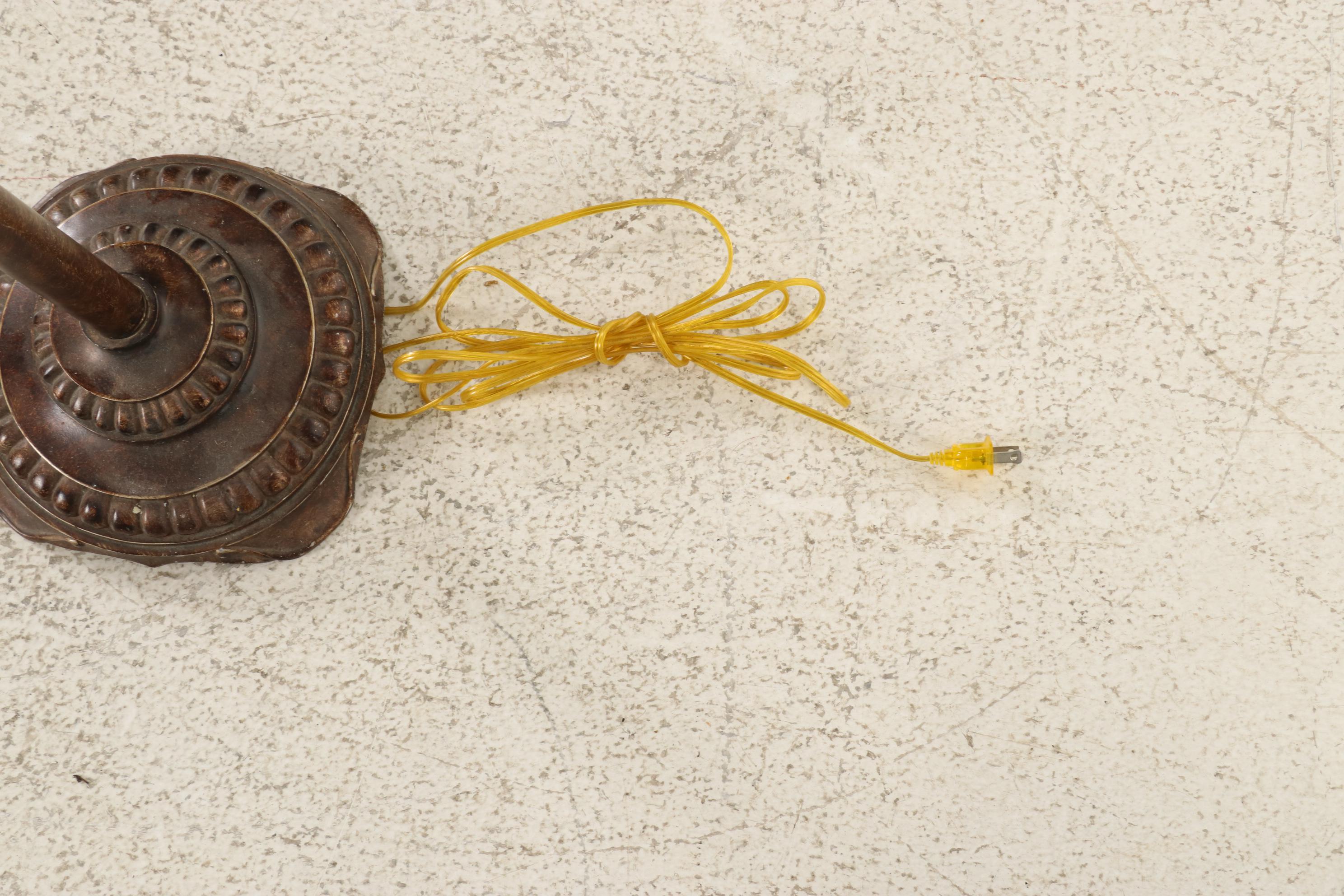 Patinated Metal and Glass Floor Lamp With Drum Shade, Contemporary