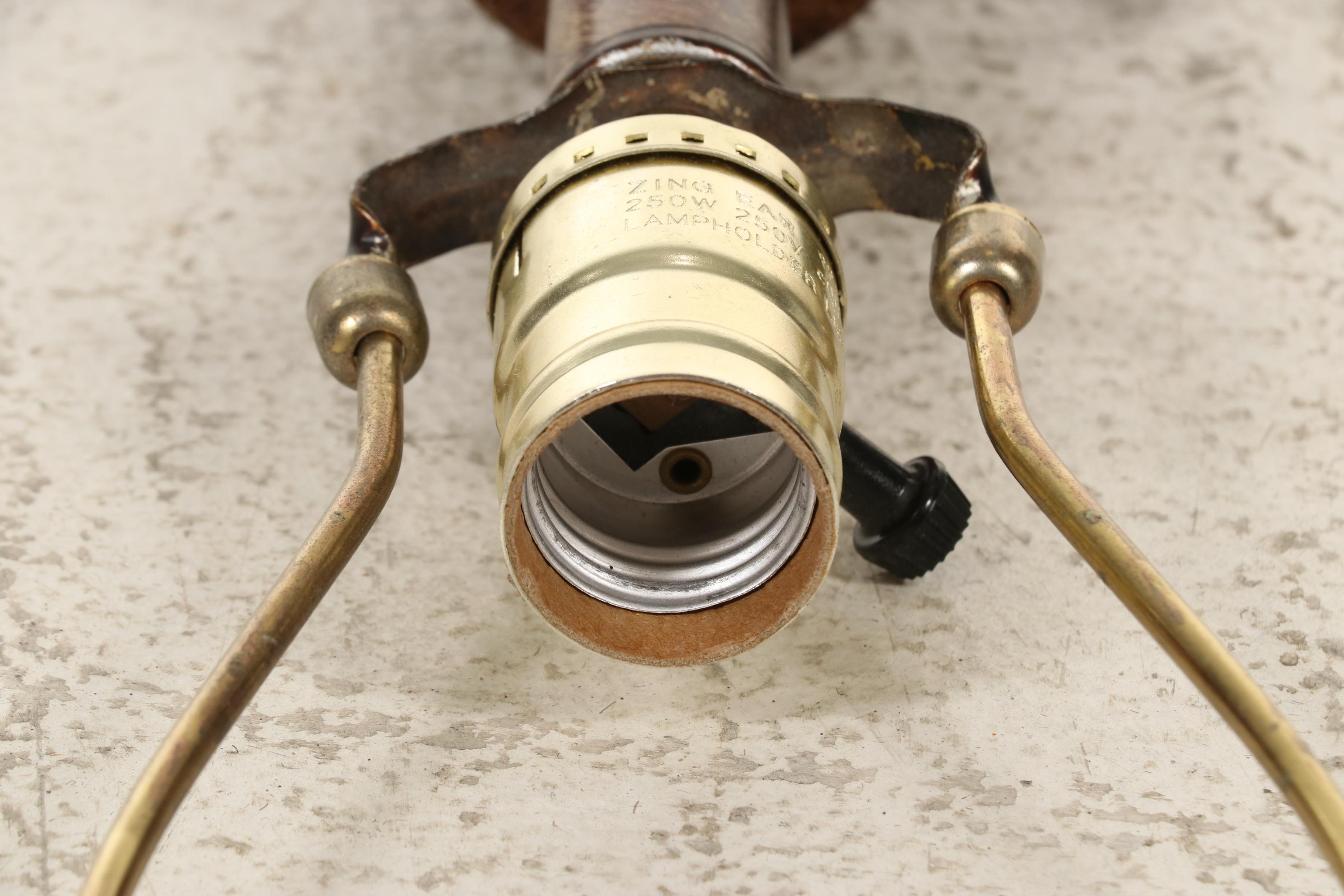 Patinated Metal and Glass Floor Lamp With Drum Shade, Contemporary