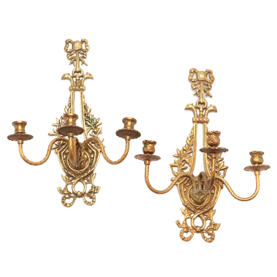 Pair of French Empire Style Brass Three Candle Wall Sconces