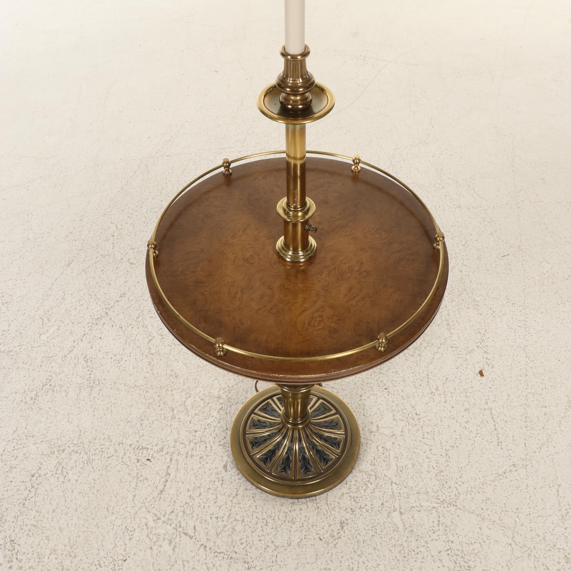 Brass and Burl Finish Floor Lamp With Integrated Table, Mid-20th Century
