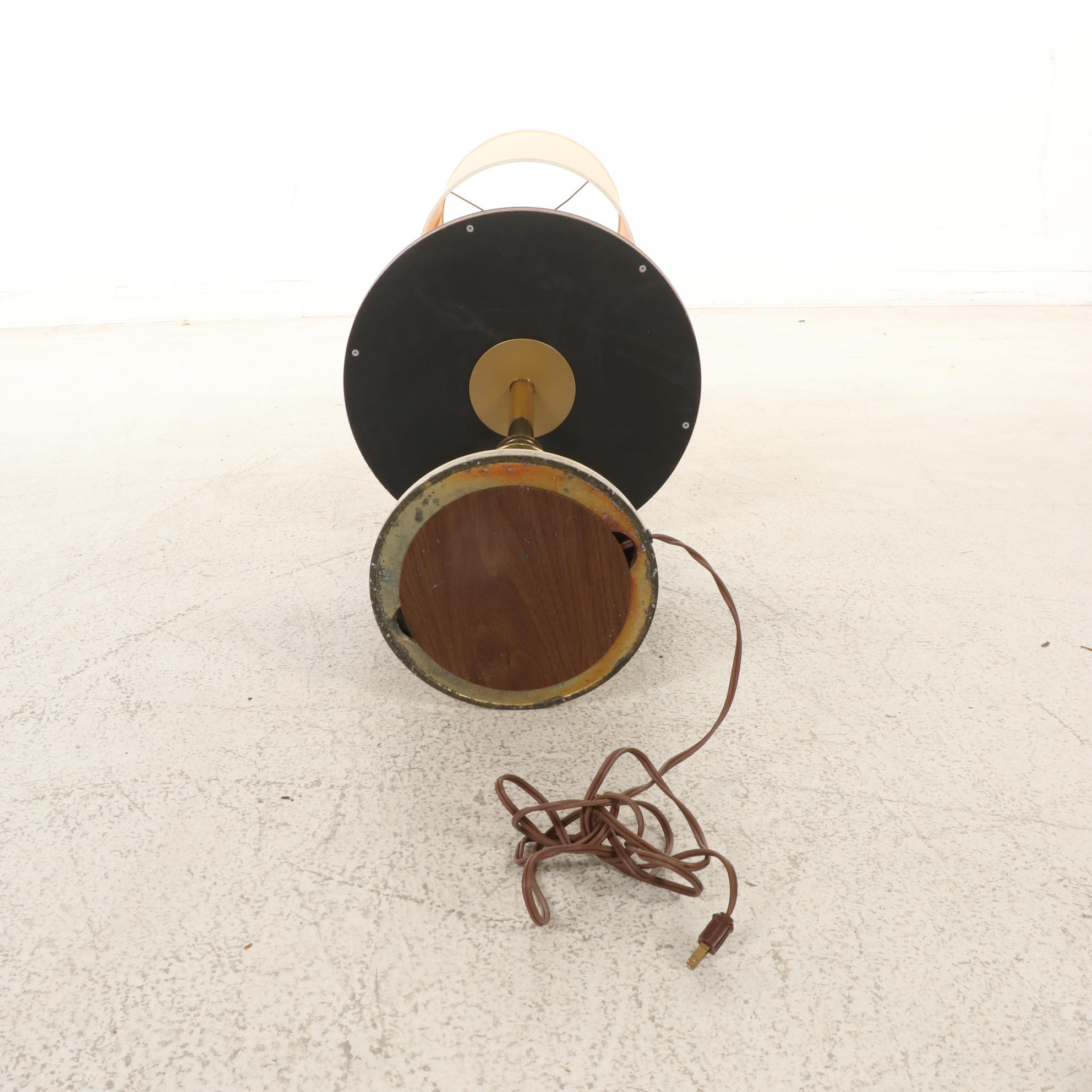 Brass and Burl Finish Floor Lamp With Integrated Table, Mid-20th Century