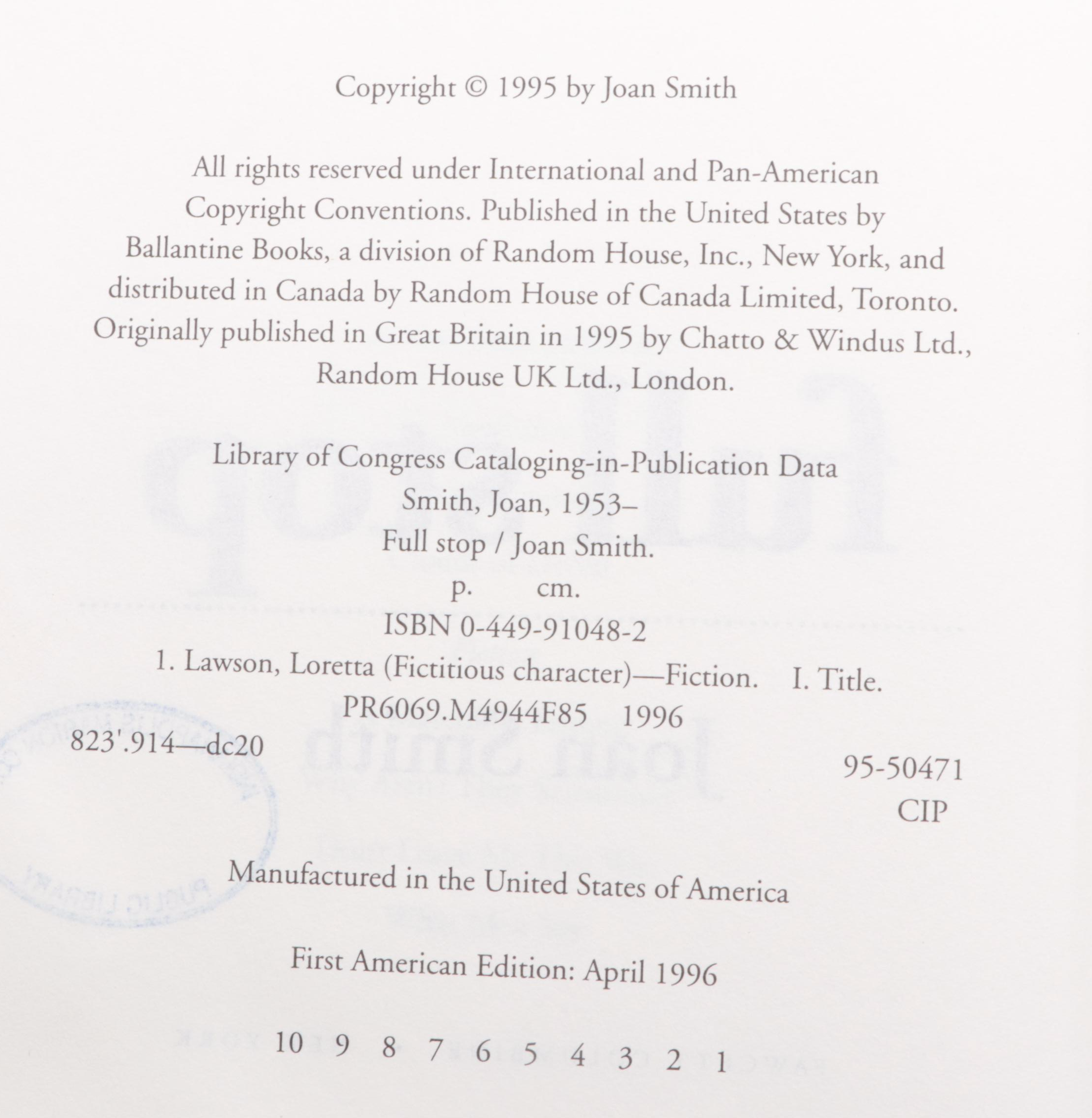 First American Edition "Full Stop" by Joan Smith and More Books