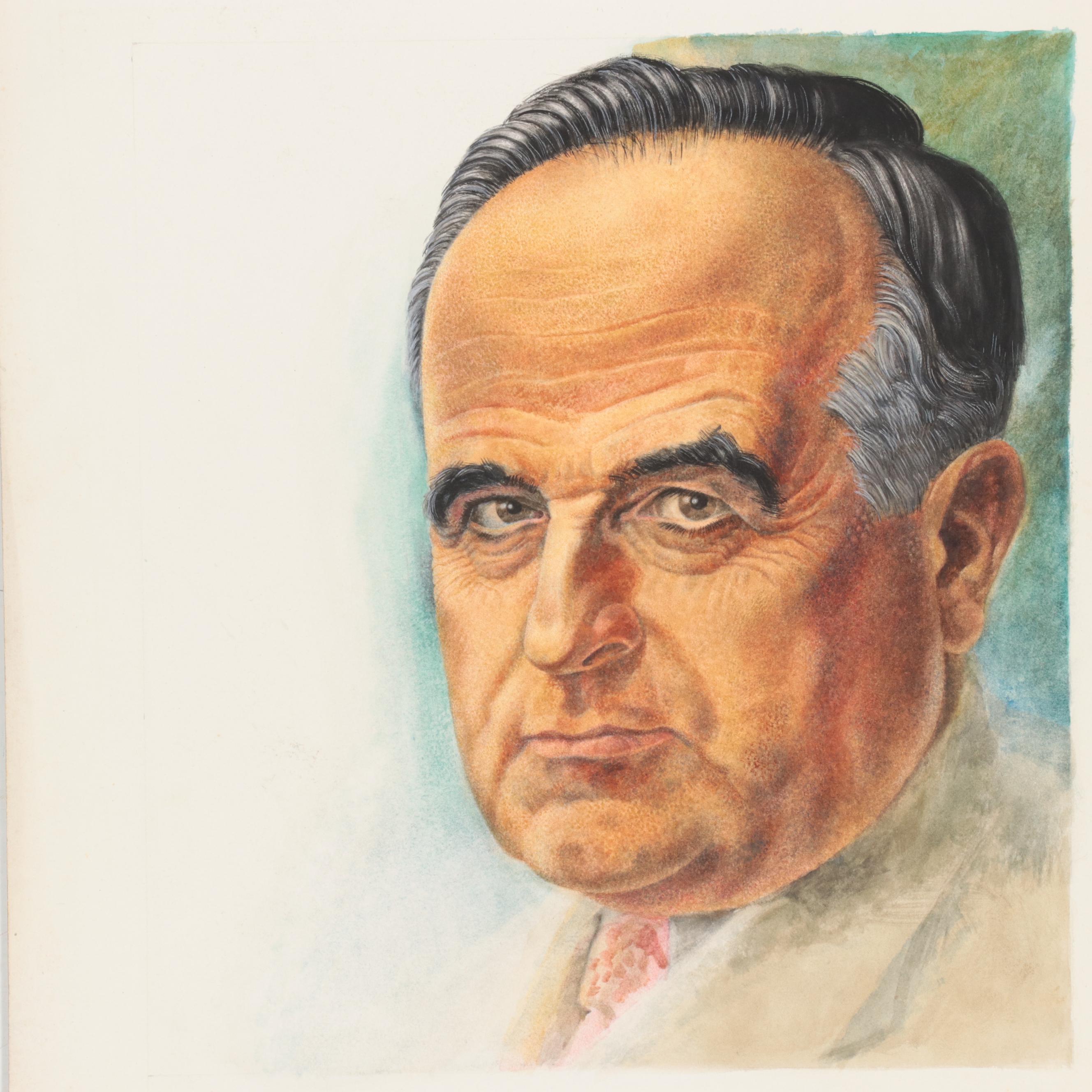 Lynd Ward Portrait Watercolor Painting, Mid-20th Century