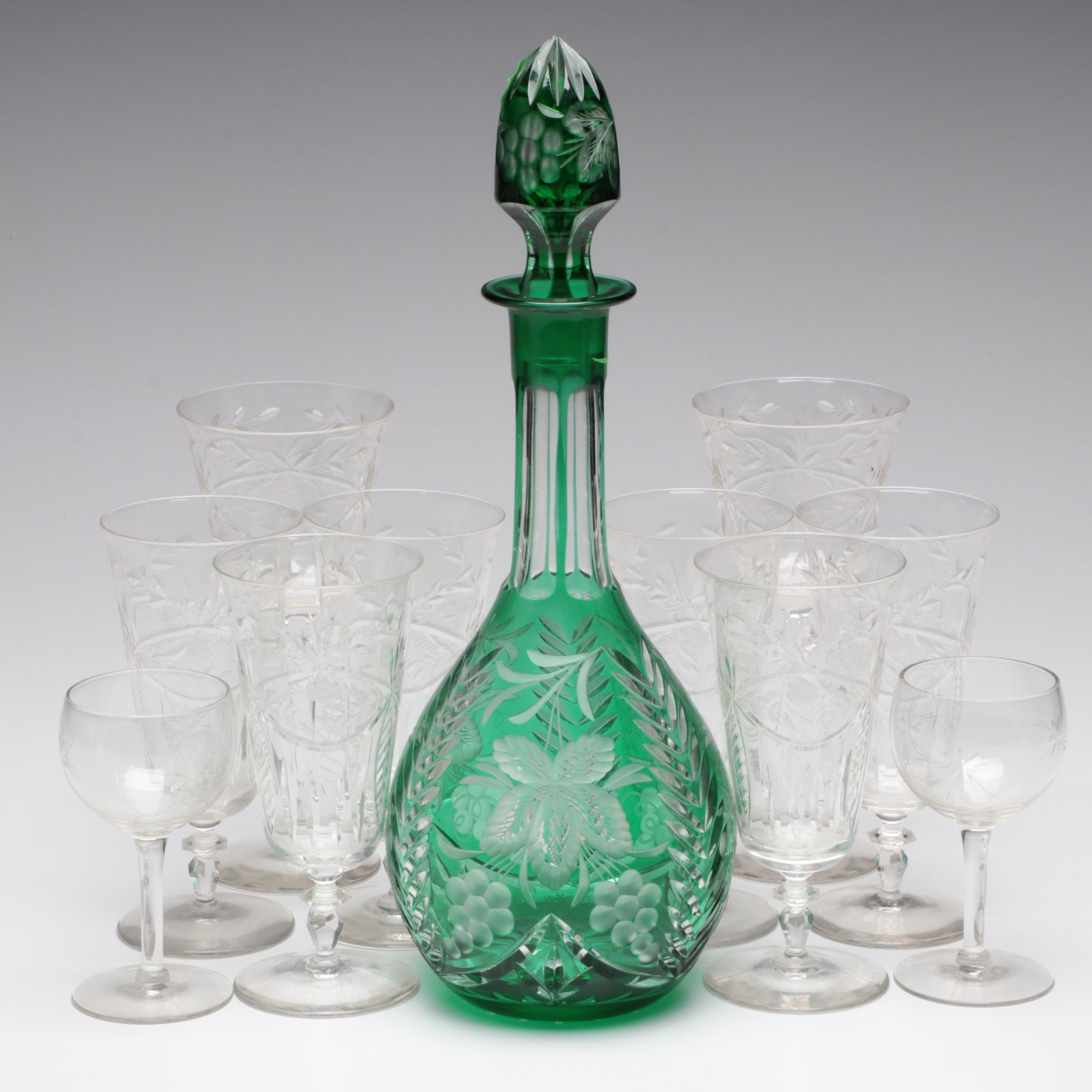 Bohemian Style Colored Cut to Clear Glass Decanter and Clear Cut Glass Stemware