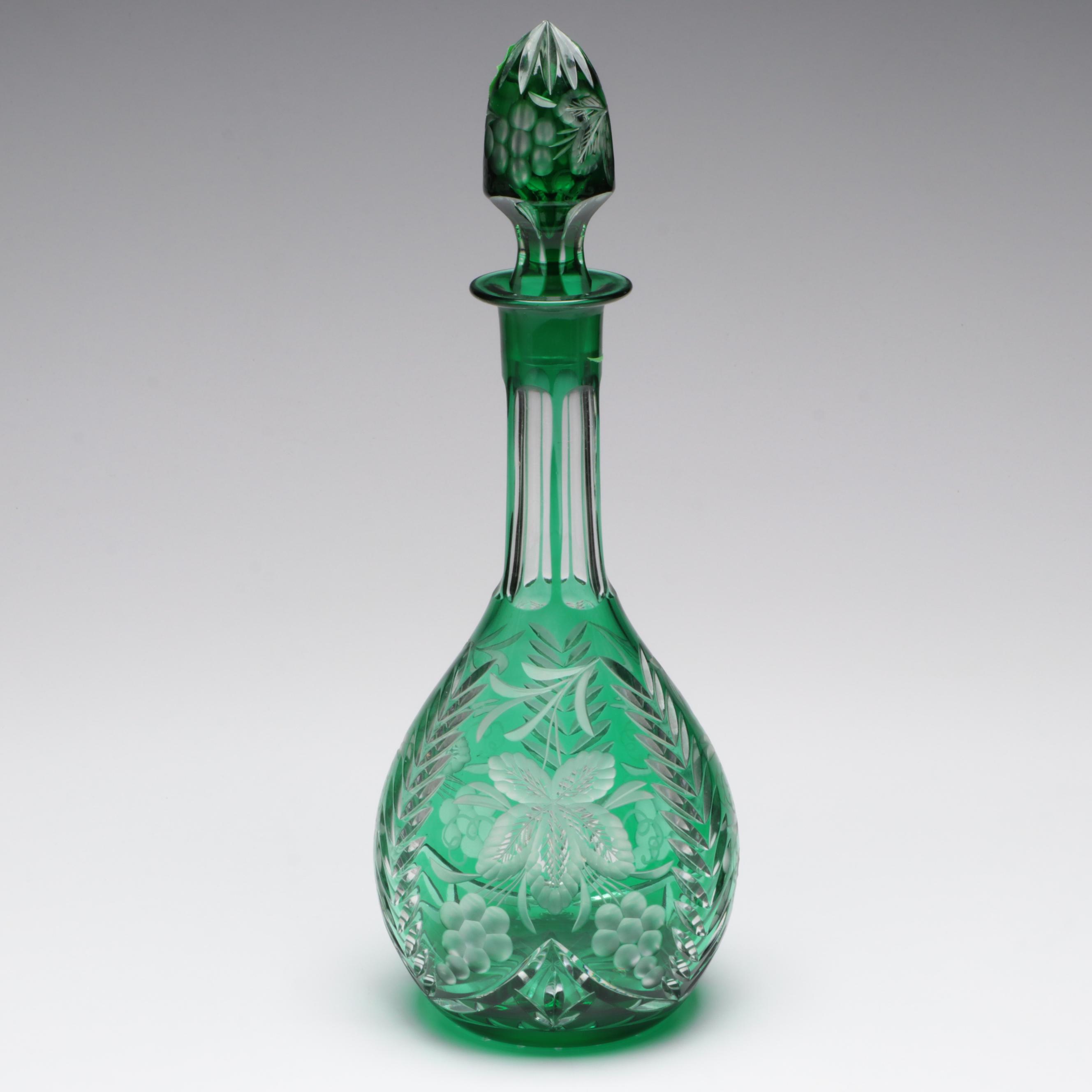 Bohemian Style Colored Cut to Clear Glass Decanter and Clear Cut Glass Stemware