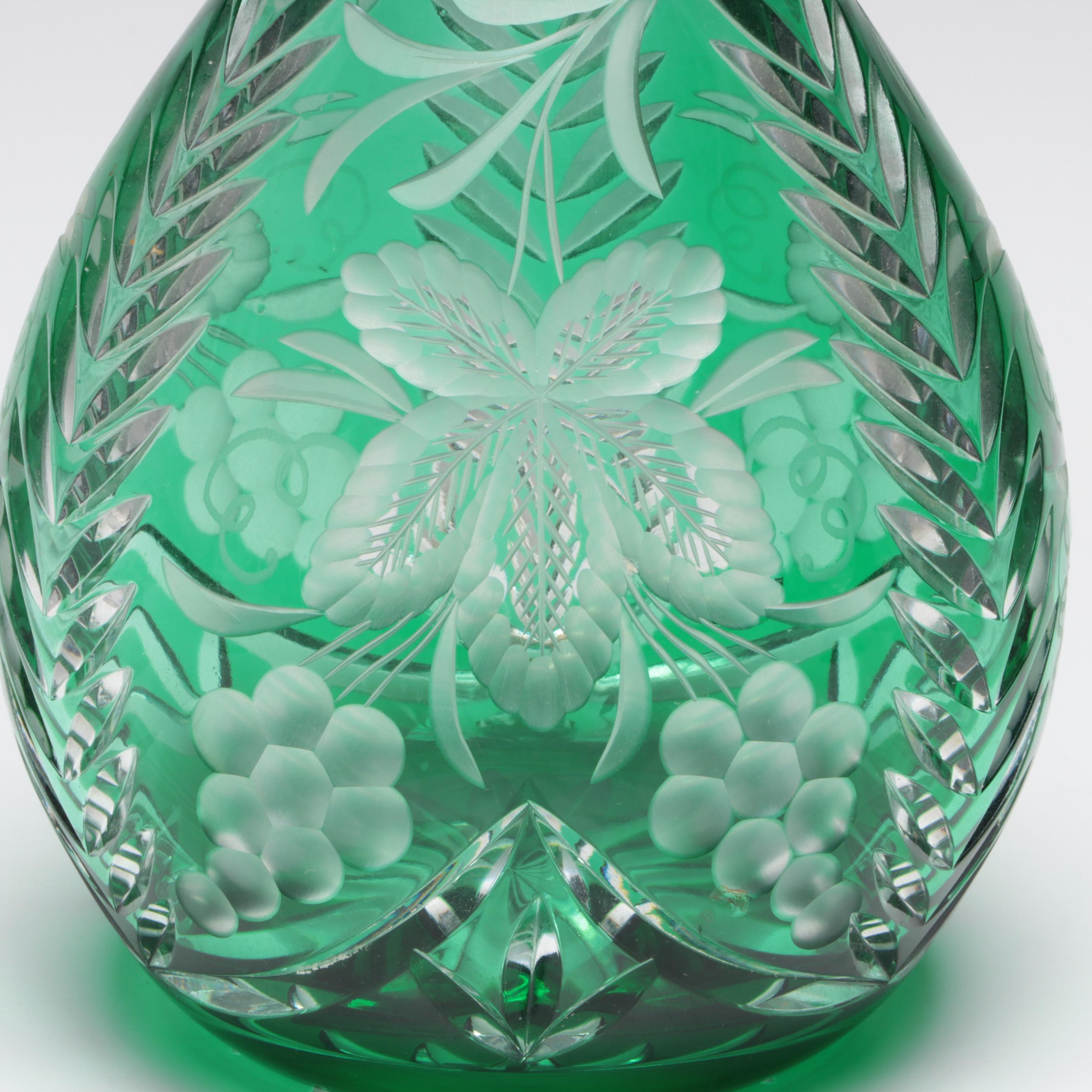 Bohemian Style Colored Cut to Clear Glass Decanter and Clear Cut Glass Stemware