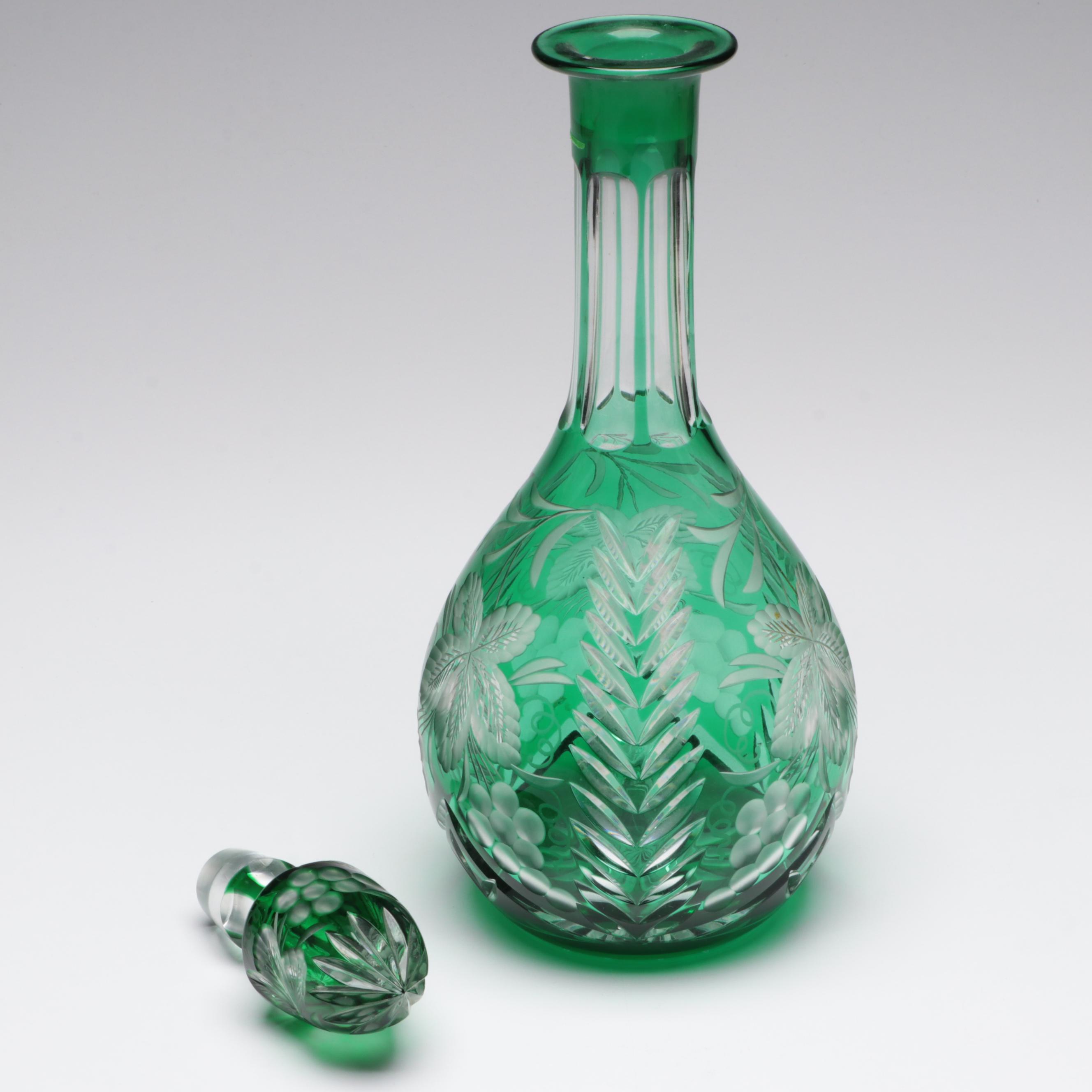 Bohemian Style Colored Cut to Clear Glass Decanter and Clear Cut Glass Stemware