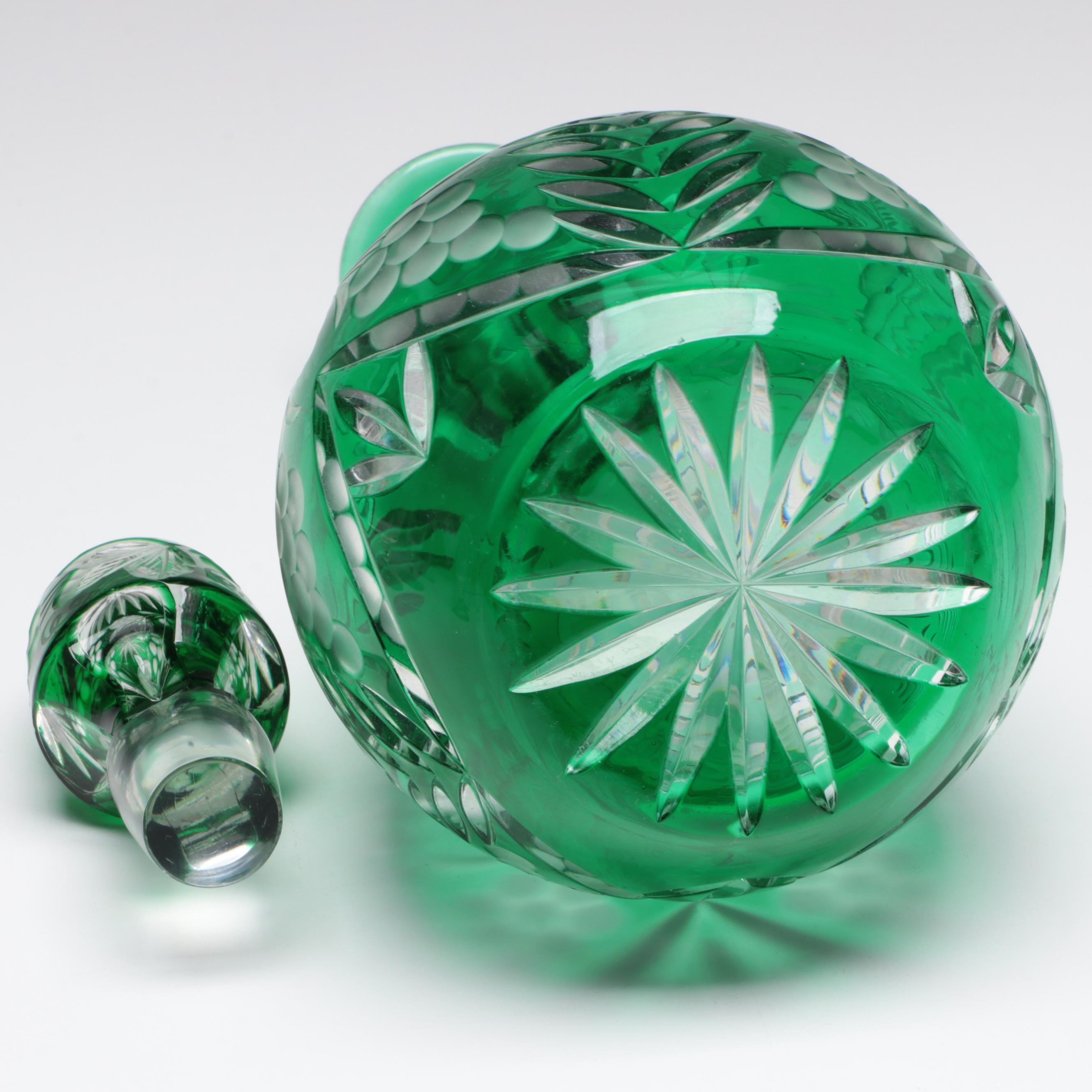 Bohemian Style Colored Cut to Clear Glass Decanter and Clear Cut Glass Stemware