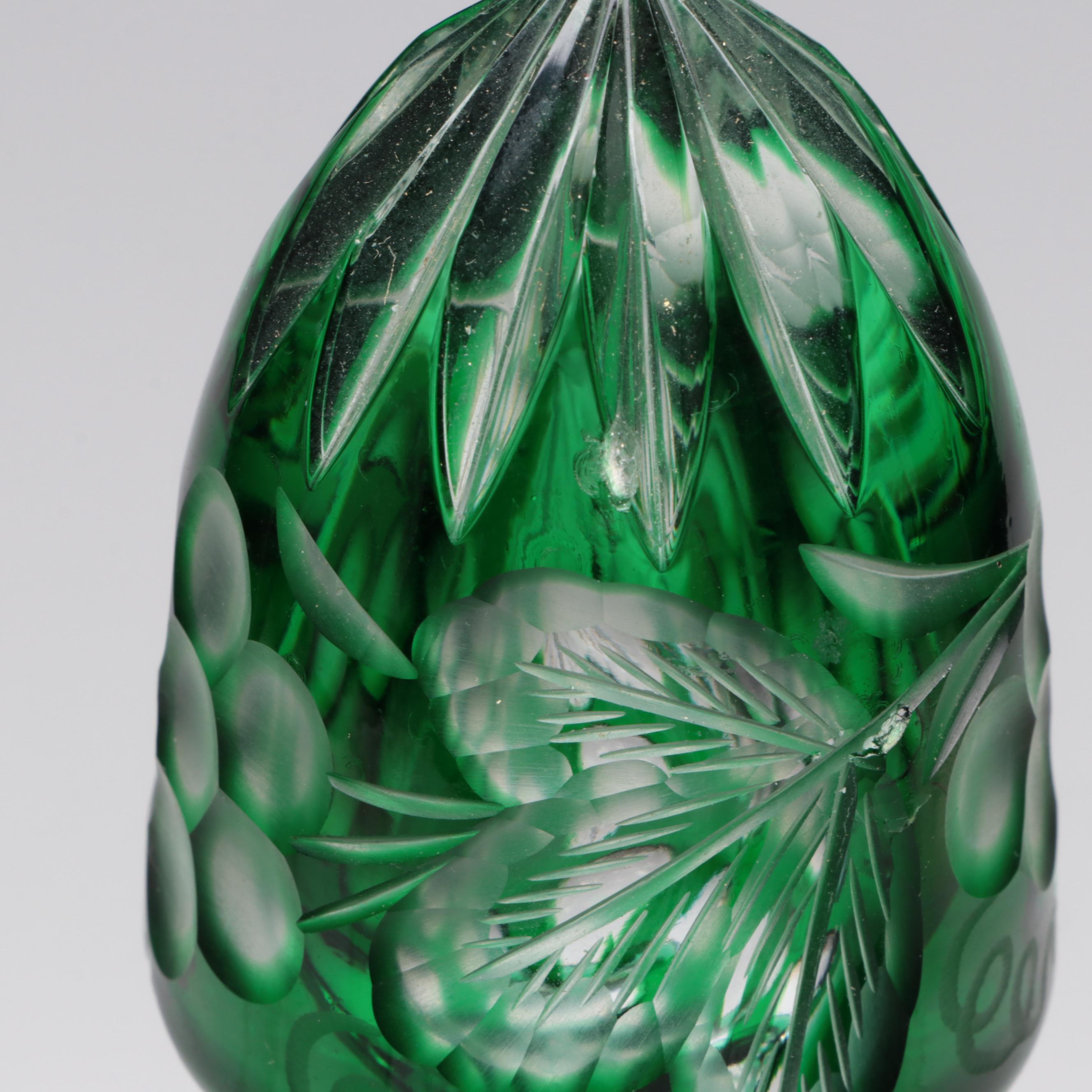 Bohemian Style Colored Cut to Clear Glass Decanter and Clear Cut Glass Stemware