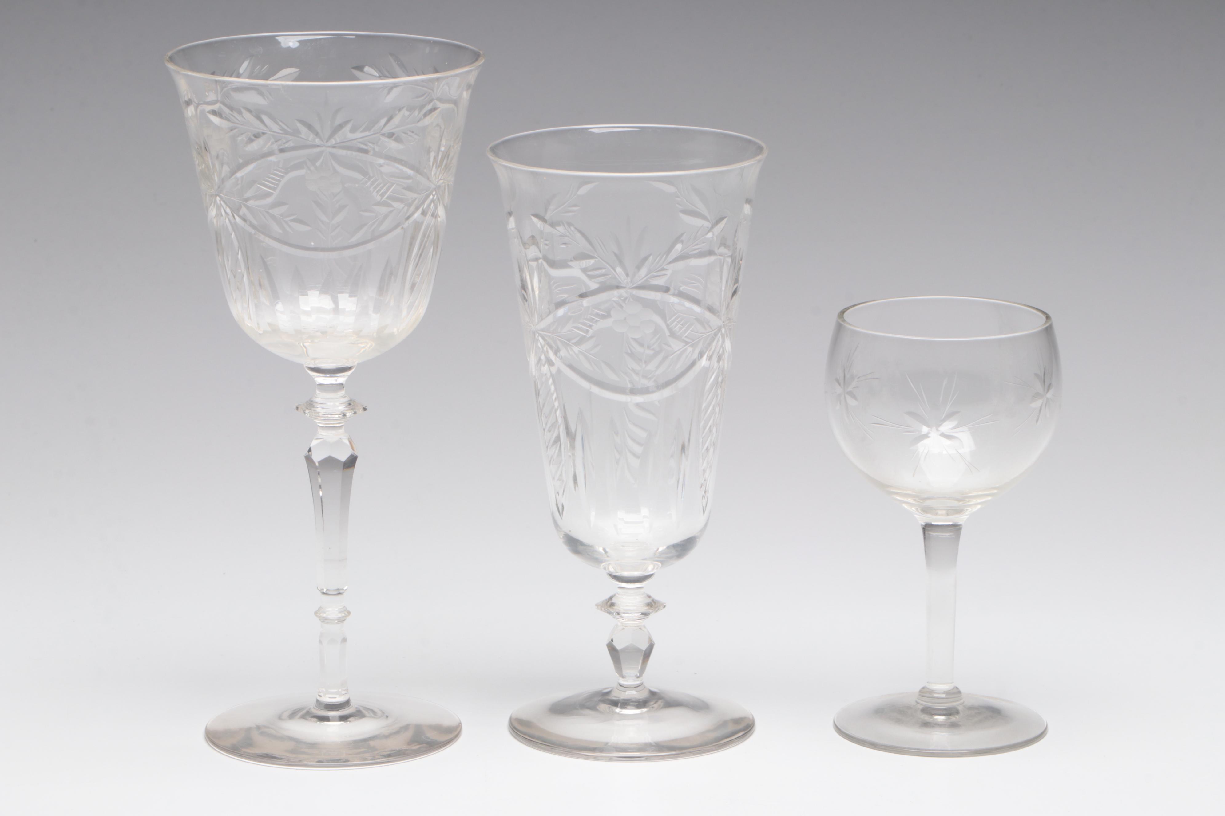 Bohemian Style Colored Cut to Clear Glass Decanter and Clear Cut Glass Stemware