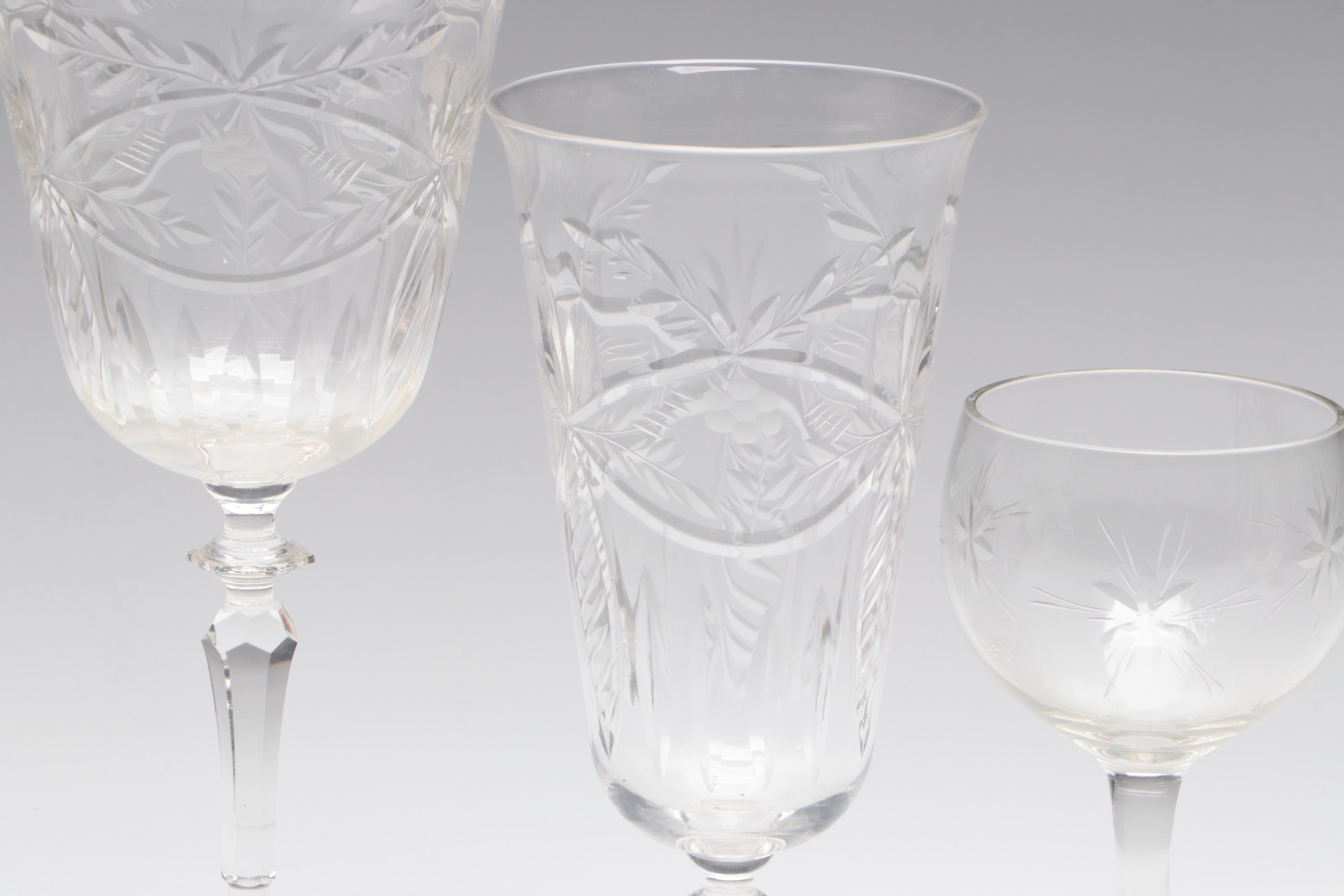 Bohemian Style Colored Cut to Clear Glass Decanter and Clear Cut Glass Stemware