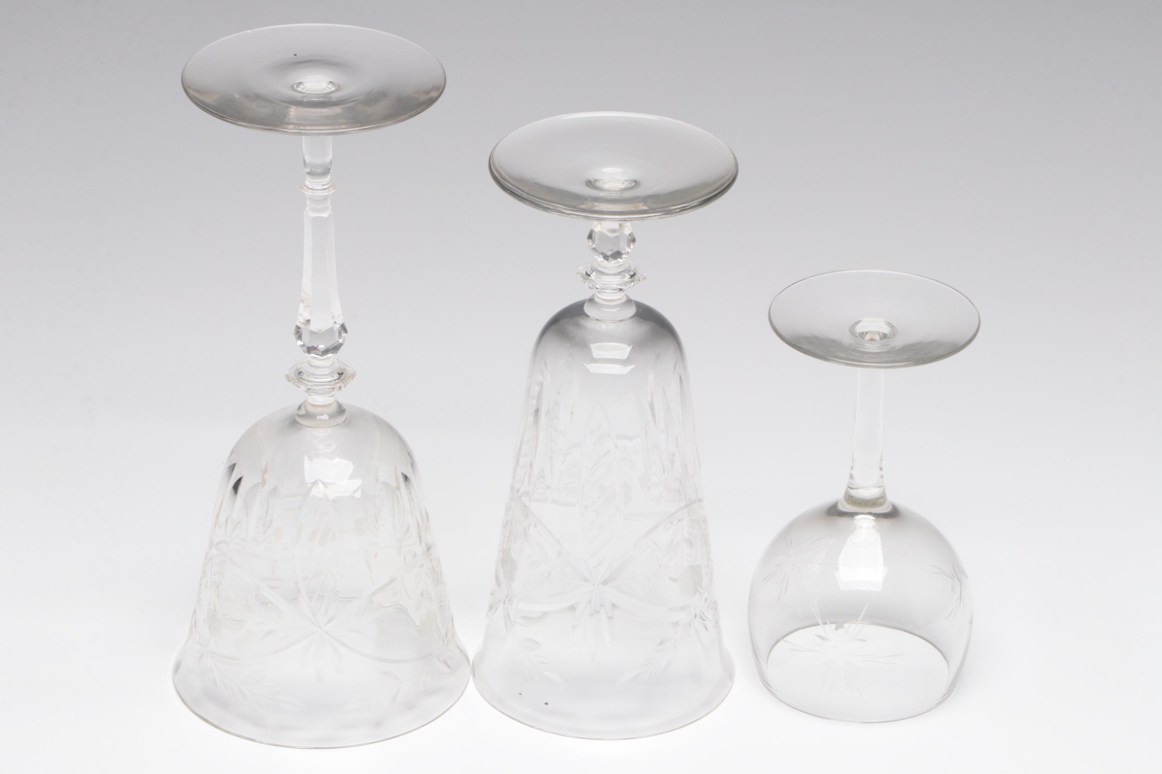 Bohemian Style Colored Cut to Clear Glass Decanter and Clear Cut Glass Stemware