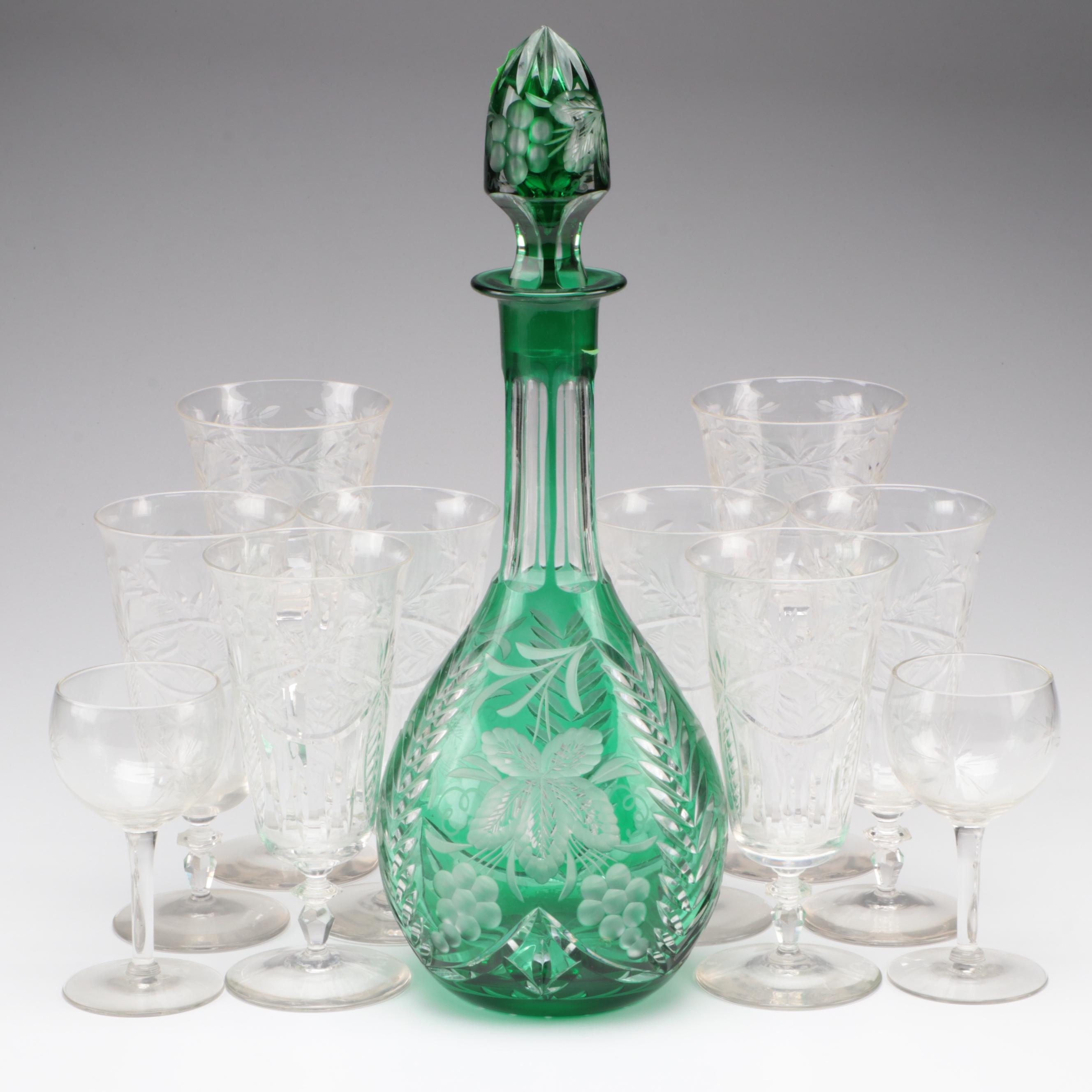 Bohemian Style Colored Cut to Clear Glass Decanter and Clear Cut Glass Stemware