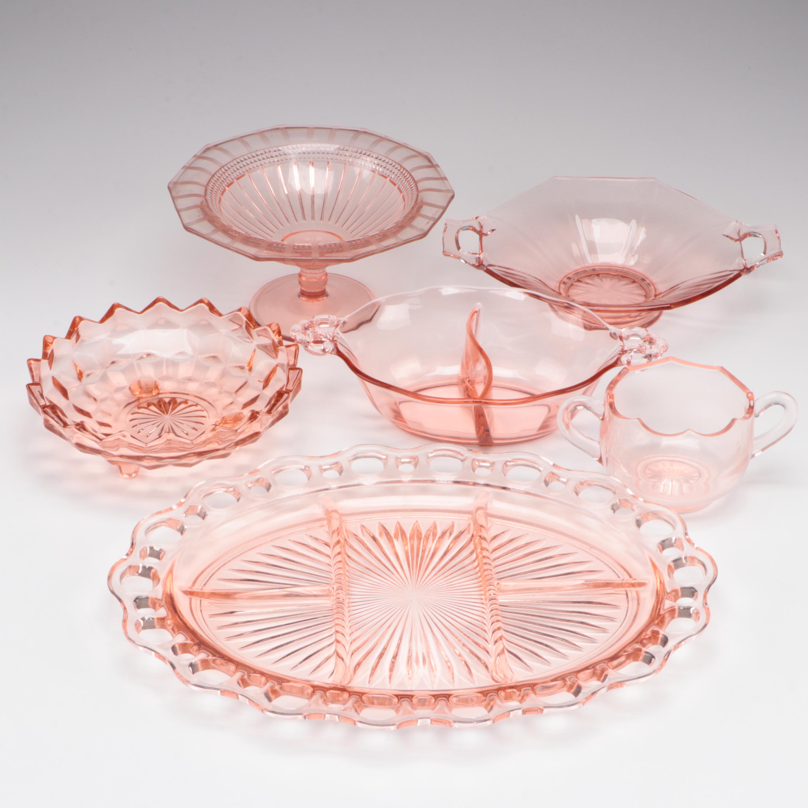 Lace Rim Pink Depression Glass Tray and More Depression Glass Tableware
