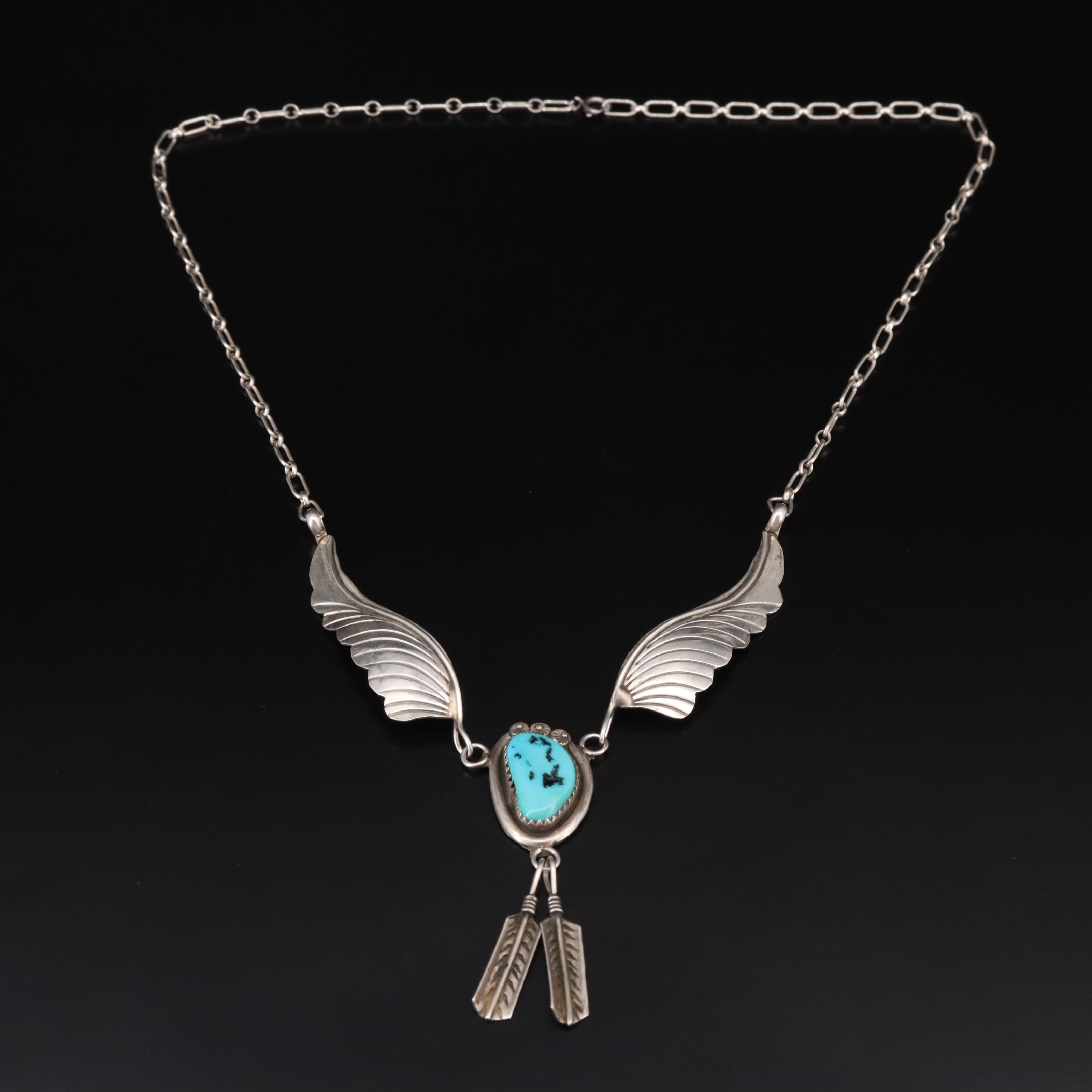 Southwestern Artist Signed Sterling Turquoise Feather Necklace