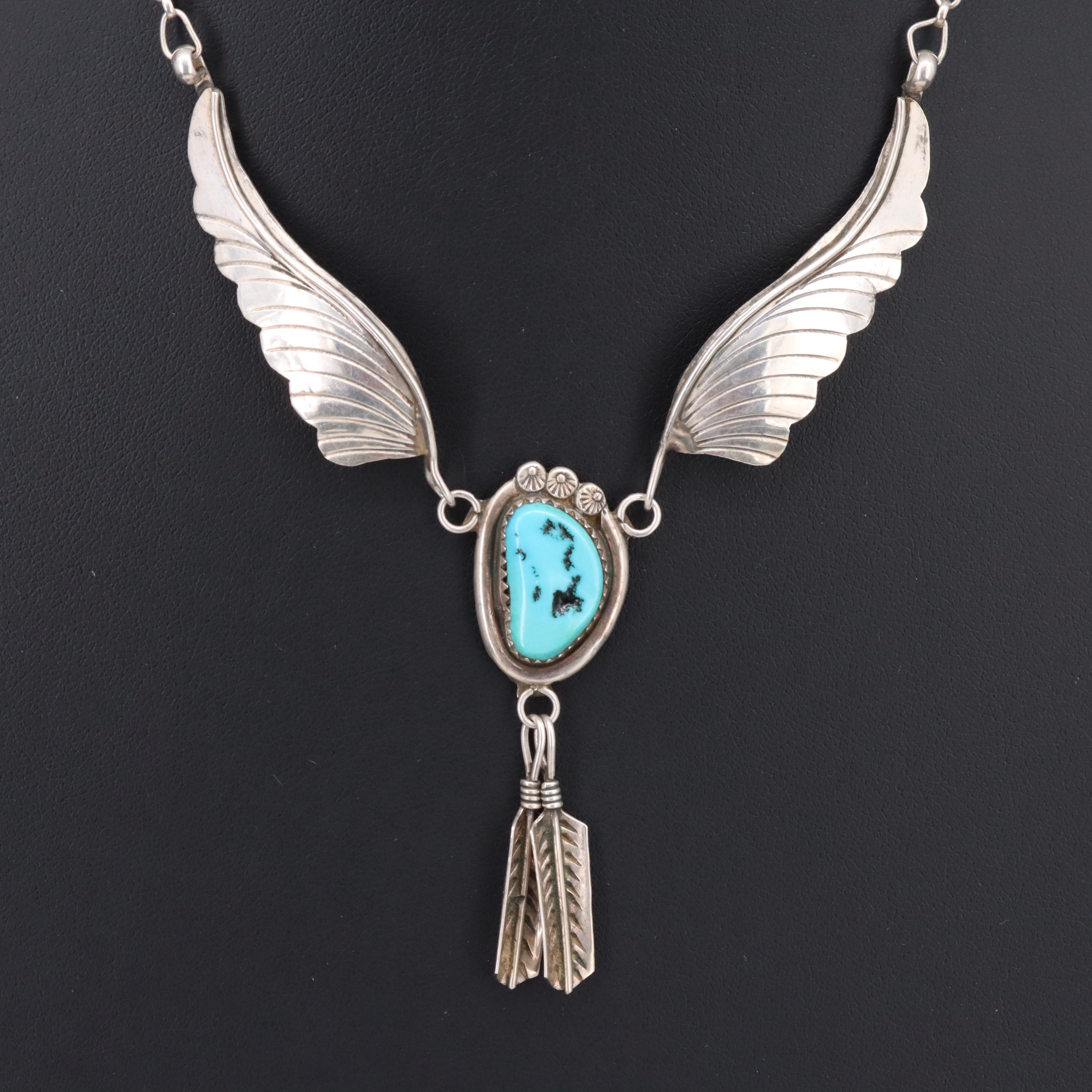 Southwestern Artist Signed Sterling Turquoise Feather Necklace