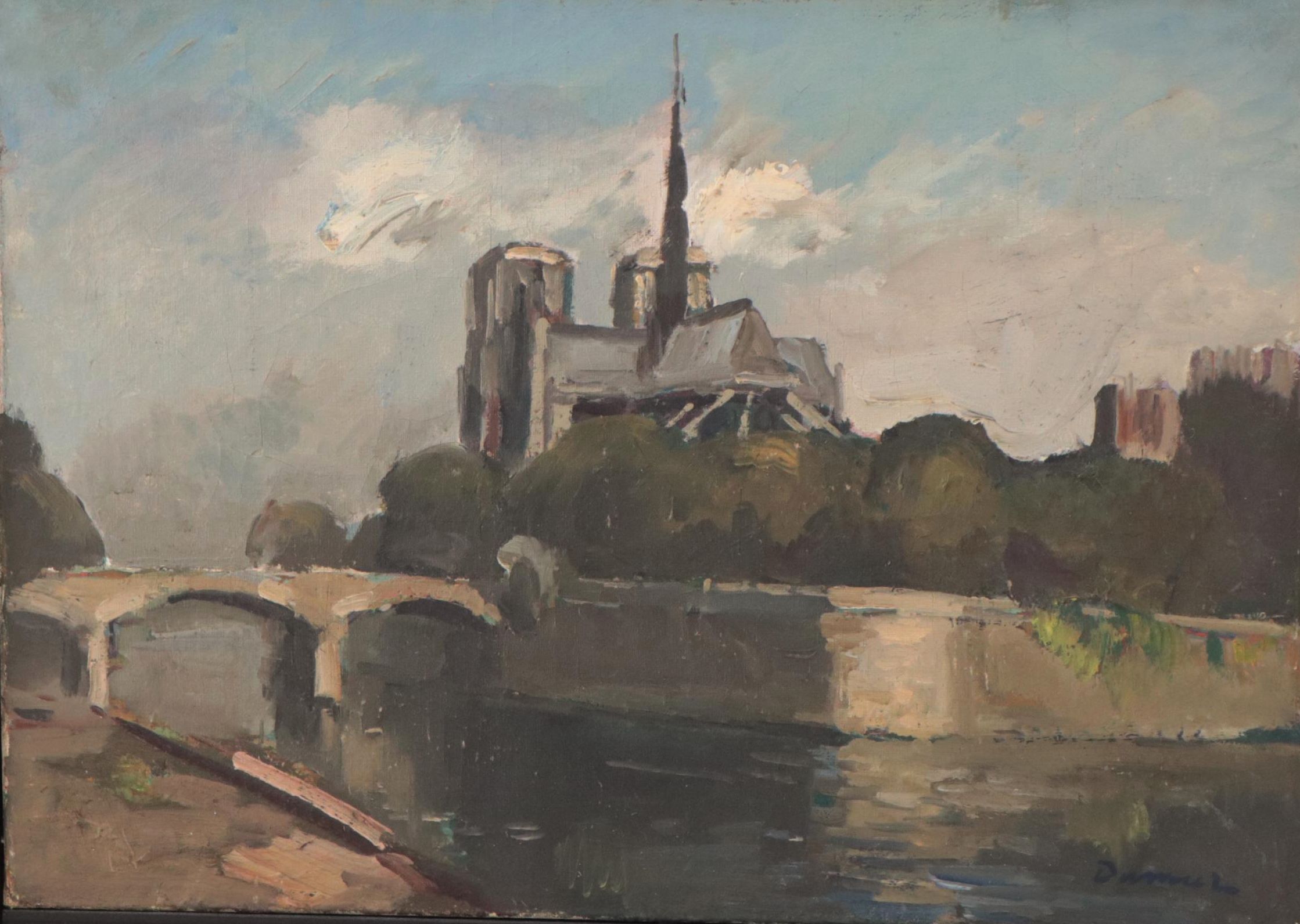 Landscape Oil Painting of Notre Dame, Paris, 1944