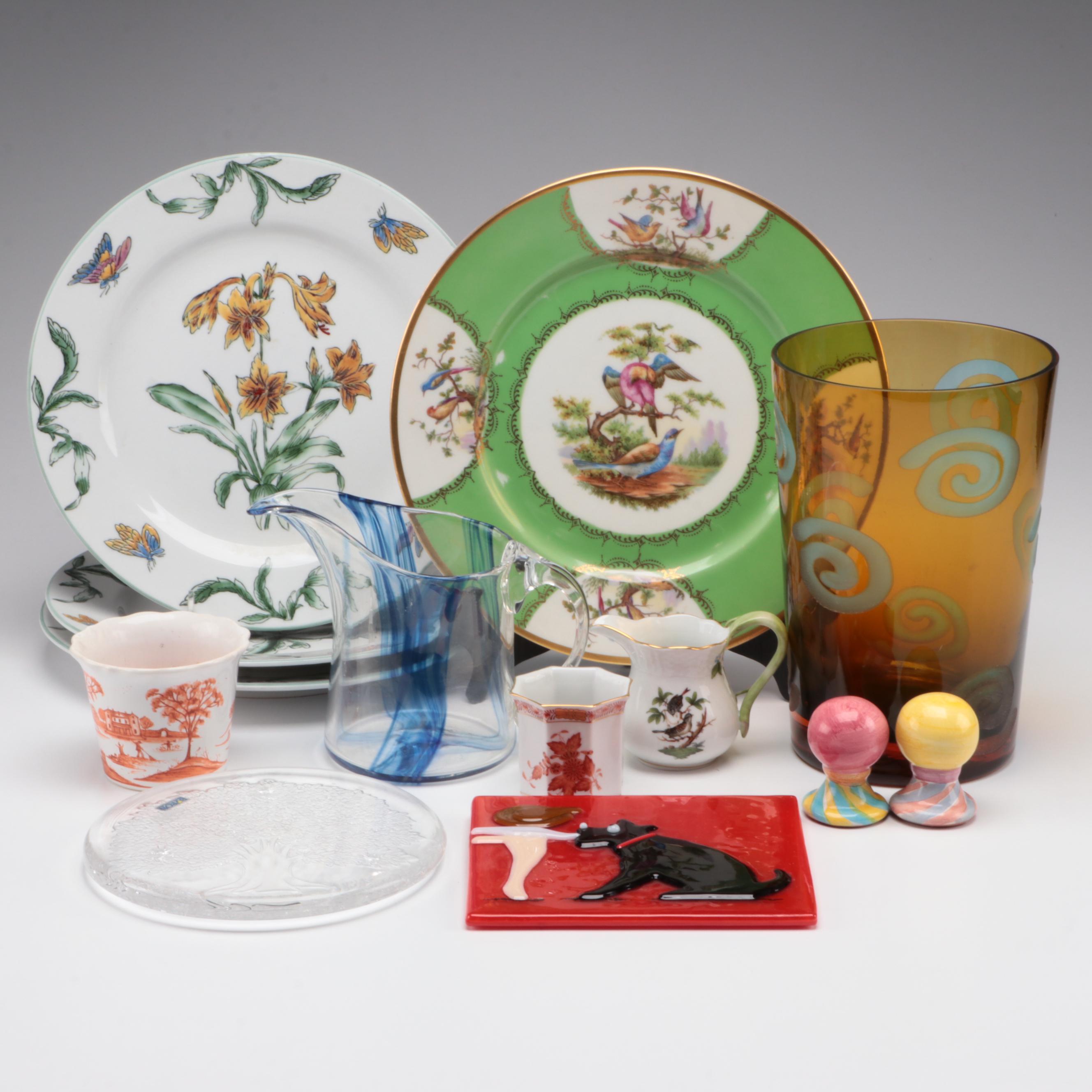 Herend "Rothschild Bird" Creamer and Other Porcelain with Art Glass Decor