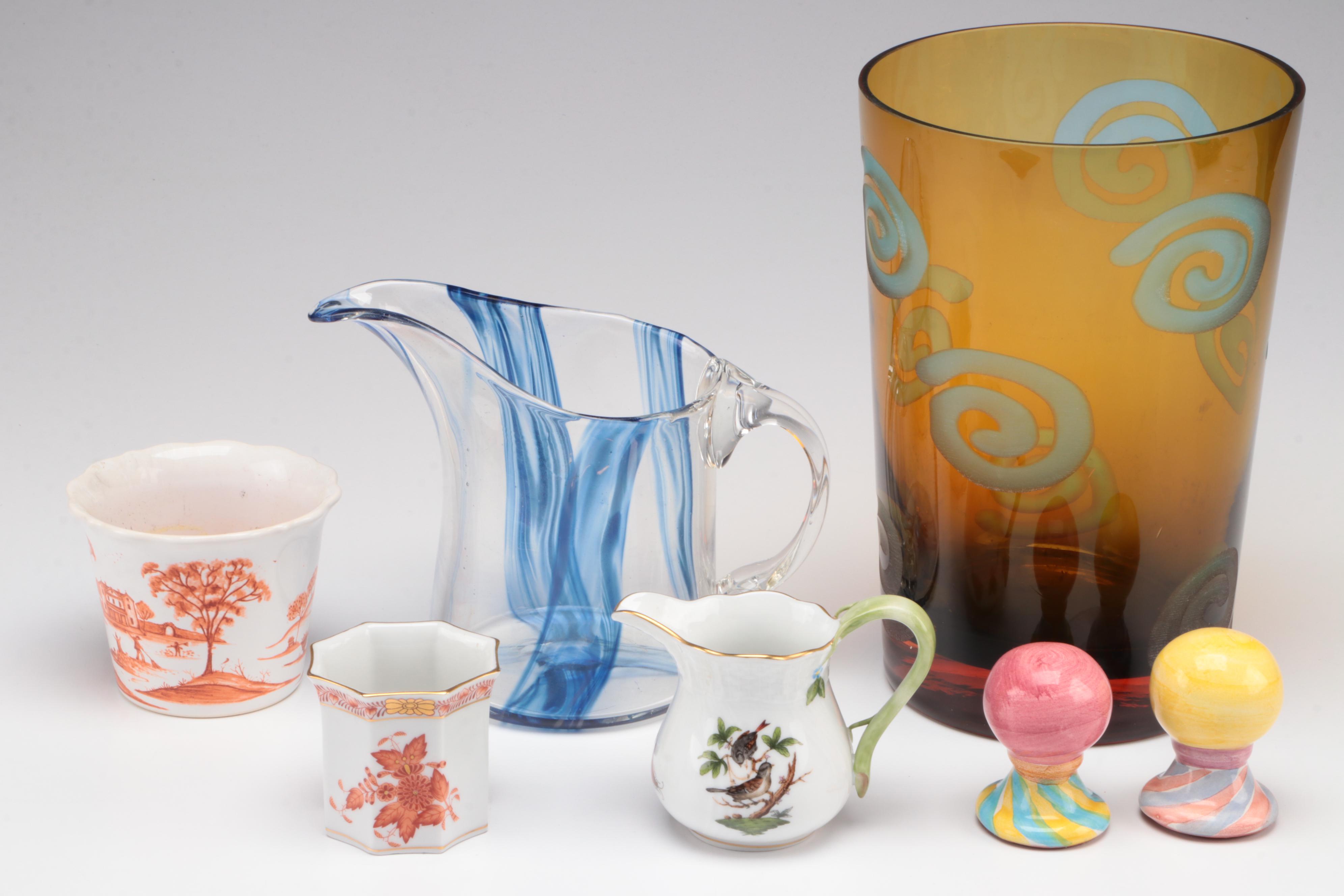 Herend "Rothschild Bird" Creamer and Other Porcelain with Art Glass Decor