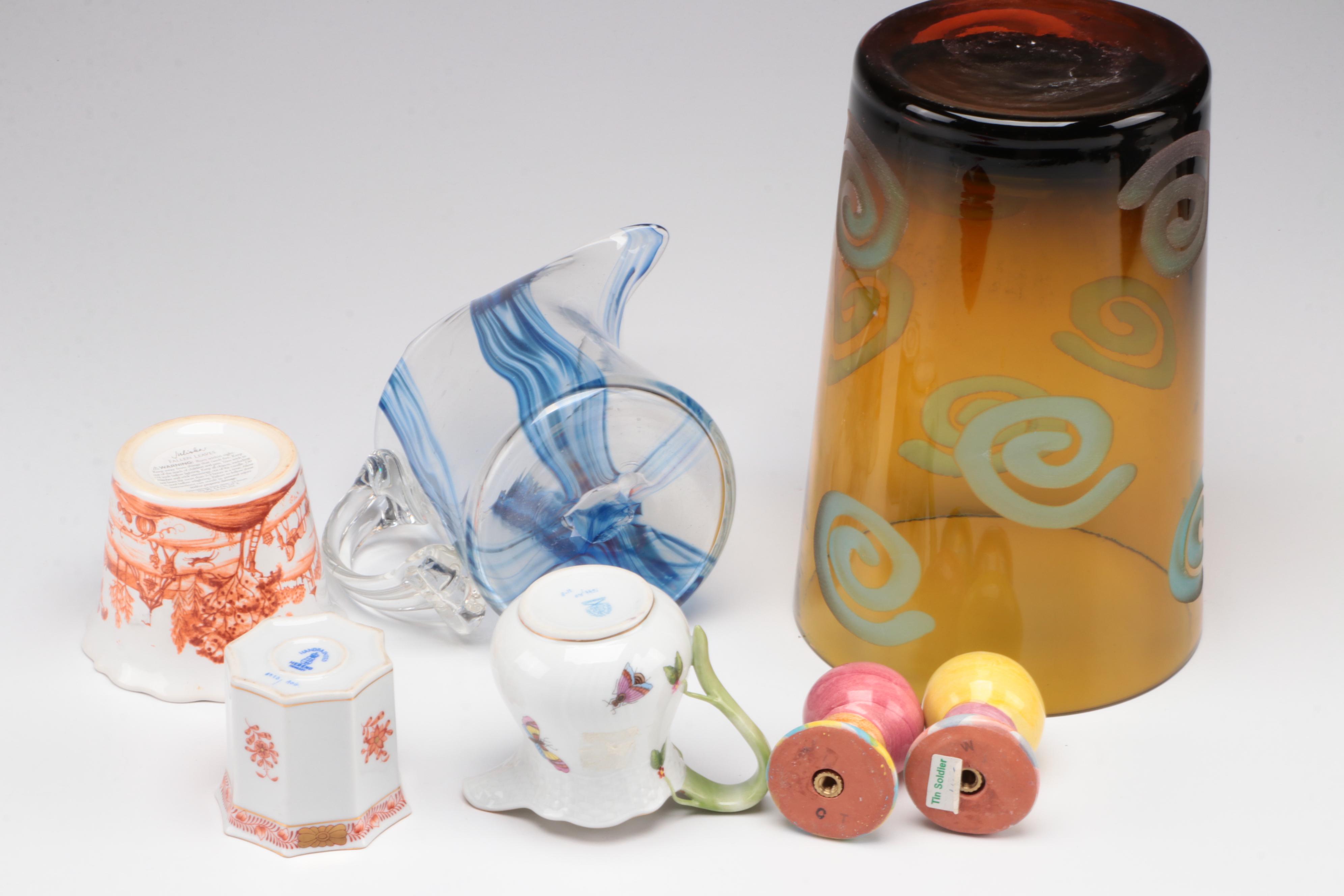 Herend "Rothschild Bird" Creamer and Other Porcelain with Art Glass Decor