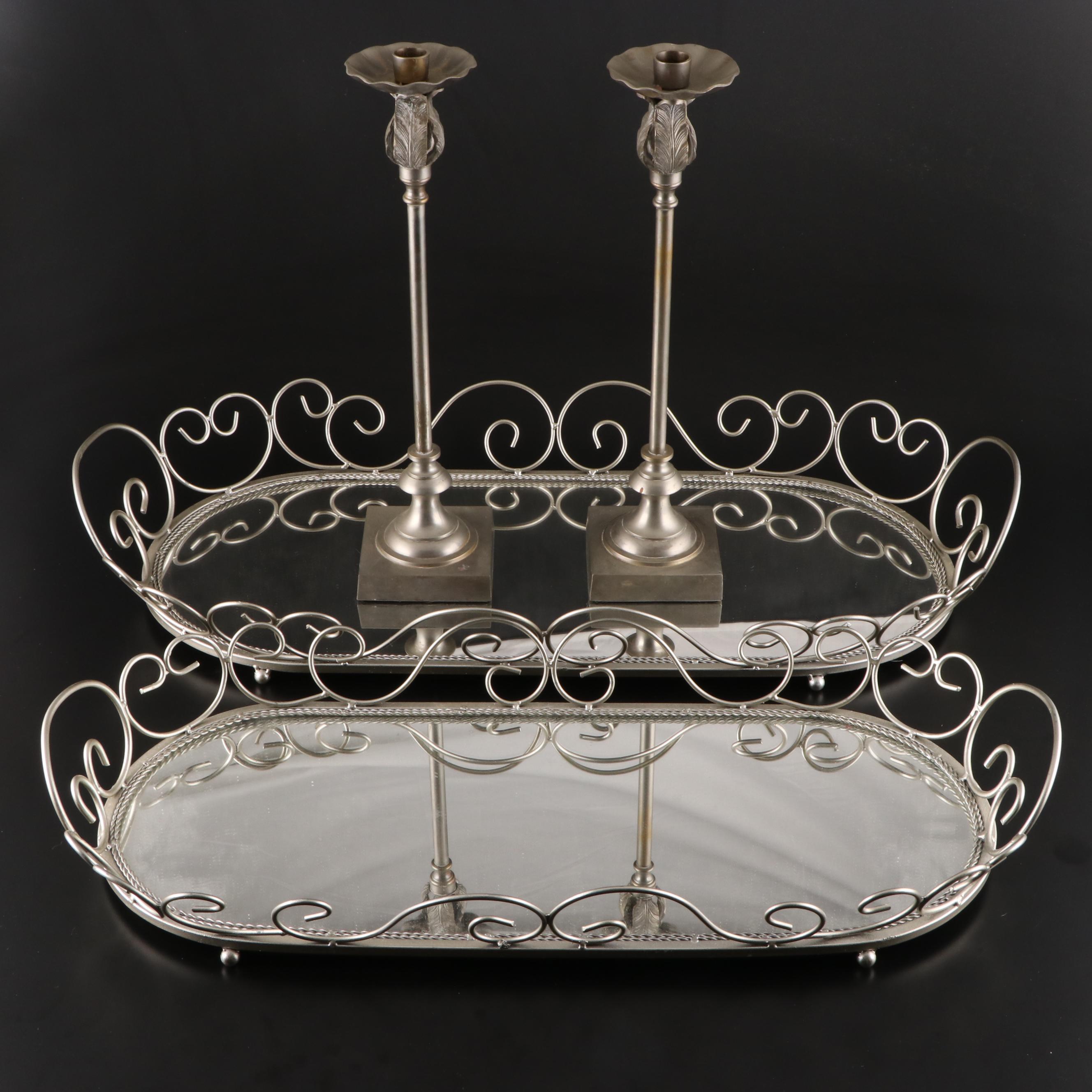 Mirrored Wire Plateau Trays with Pewter Finished Candle Holders