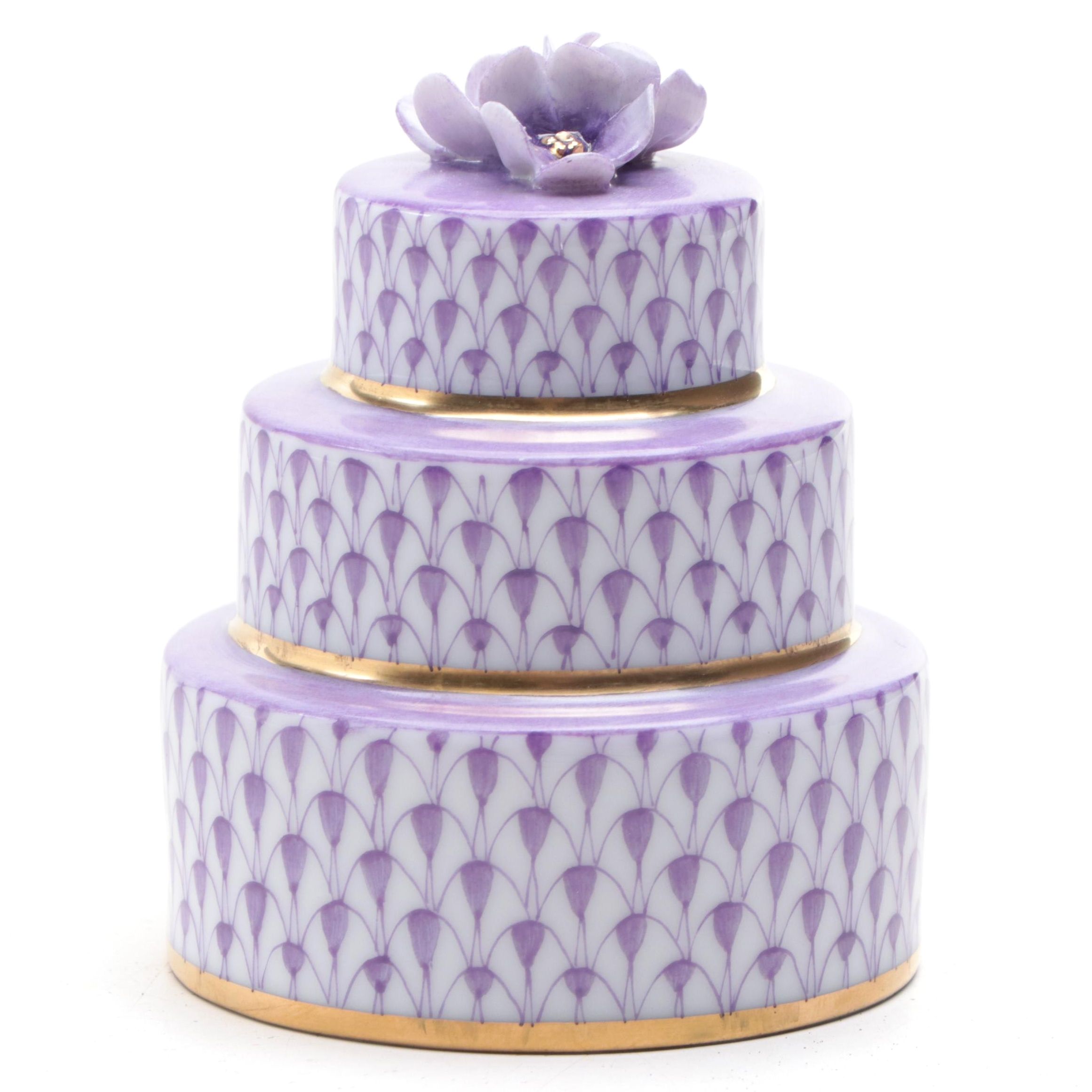 Herend Lilac Fishnet with Gold "Wedding Cake" Porcelain Figurine