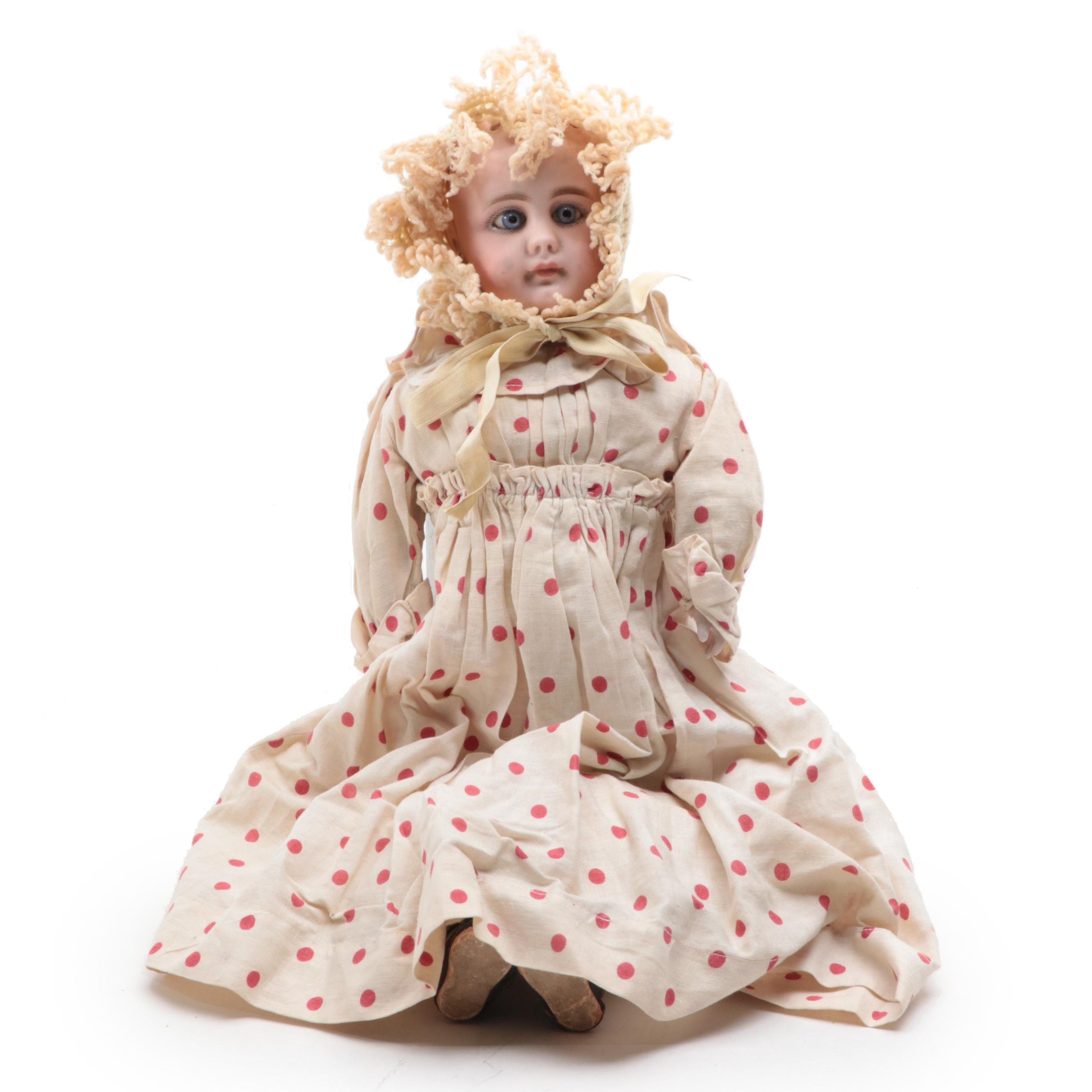 Antique Bisque Doll with Glass Eyes in Polka Dot Dress