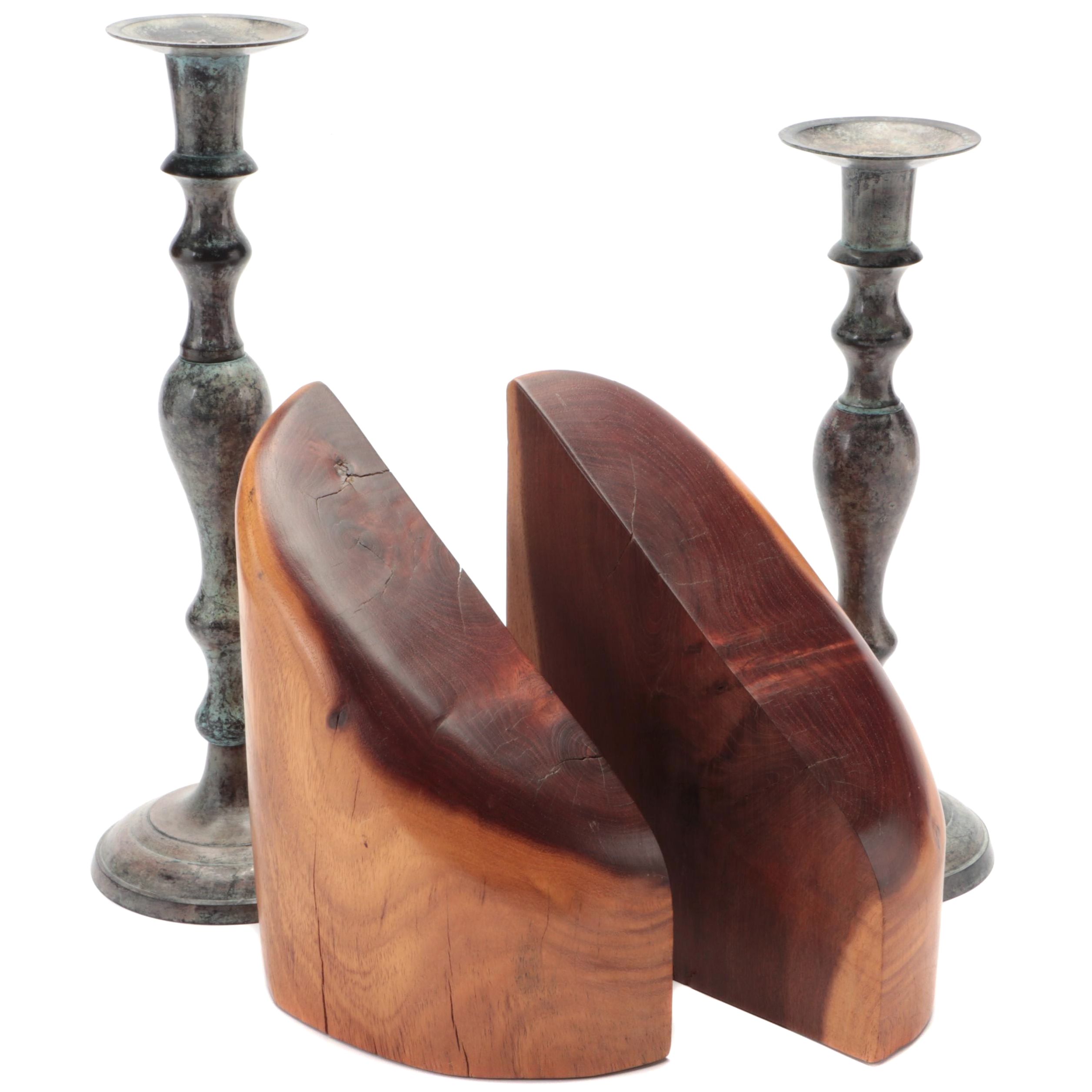 Carved Wood Bookends with Patinated Metal Candlesticks EBTH