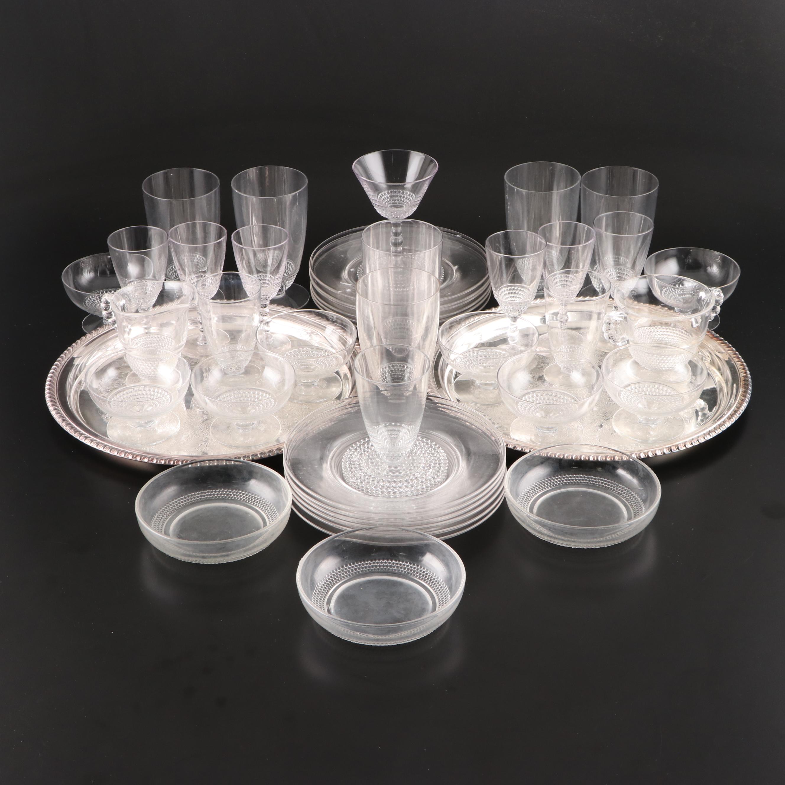 Duncan & Miller "Teardrop Clear" Glass Dinnerware with Other Silver Plate Trays