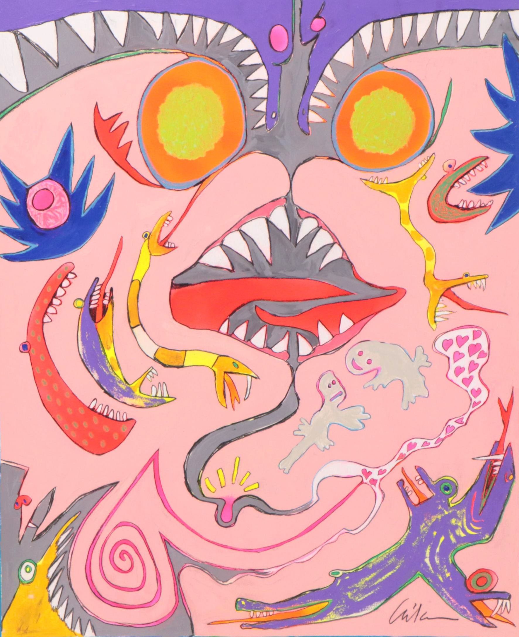 Harry Hilson Surreal Acrylic Painting "The Kiss of Life and Death," 1982