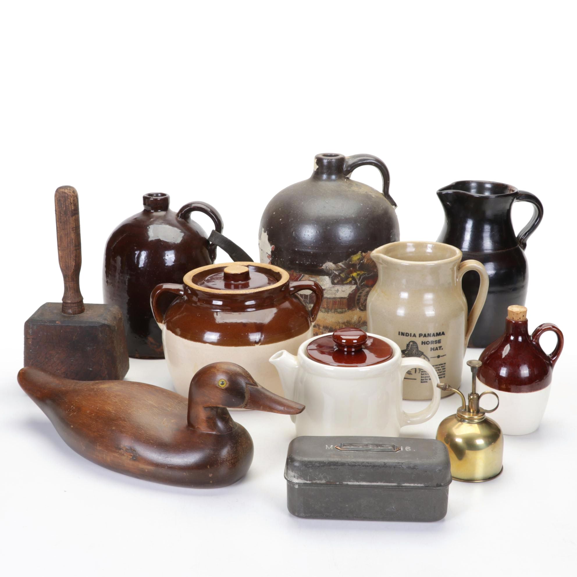 McCoy Teapot, Gatco Brass Spray Can, Glazed Stoneware Crocks, Jugs, and More